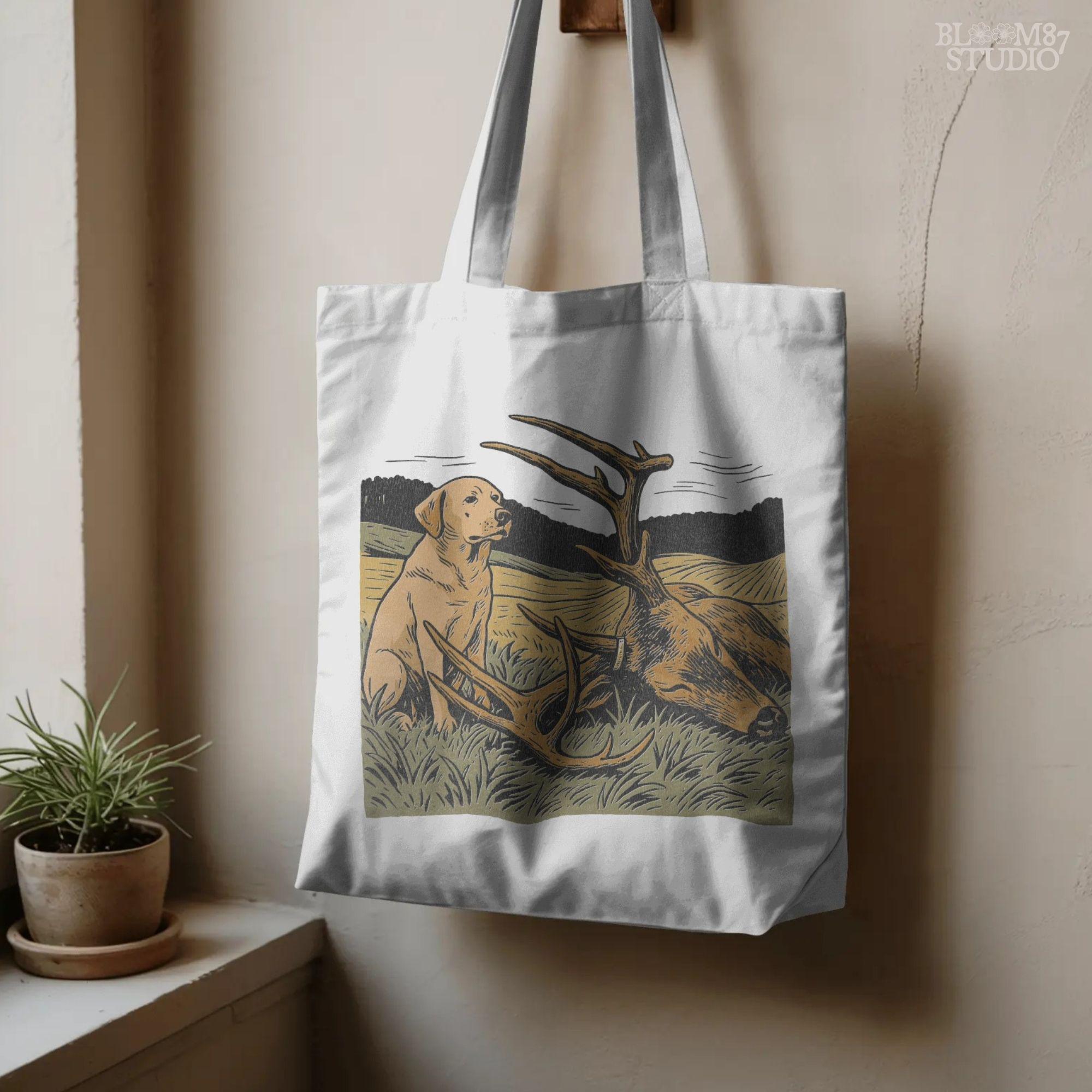 Rustic illustration of a Labrador Retriever sitting in a golden field beside a harvested deer with large antlers, PNG for hunting and lodge décor designs