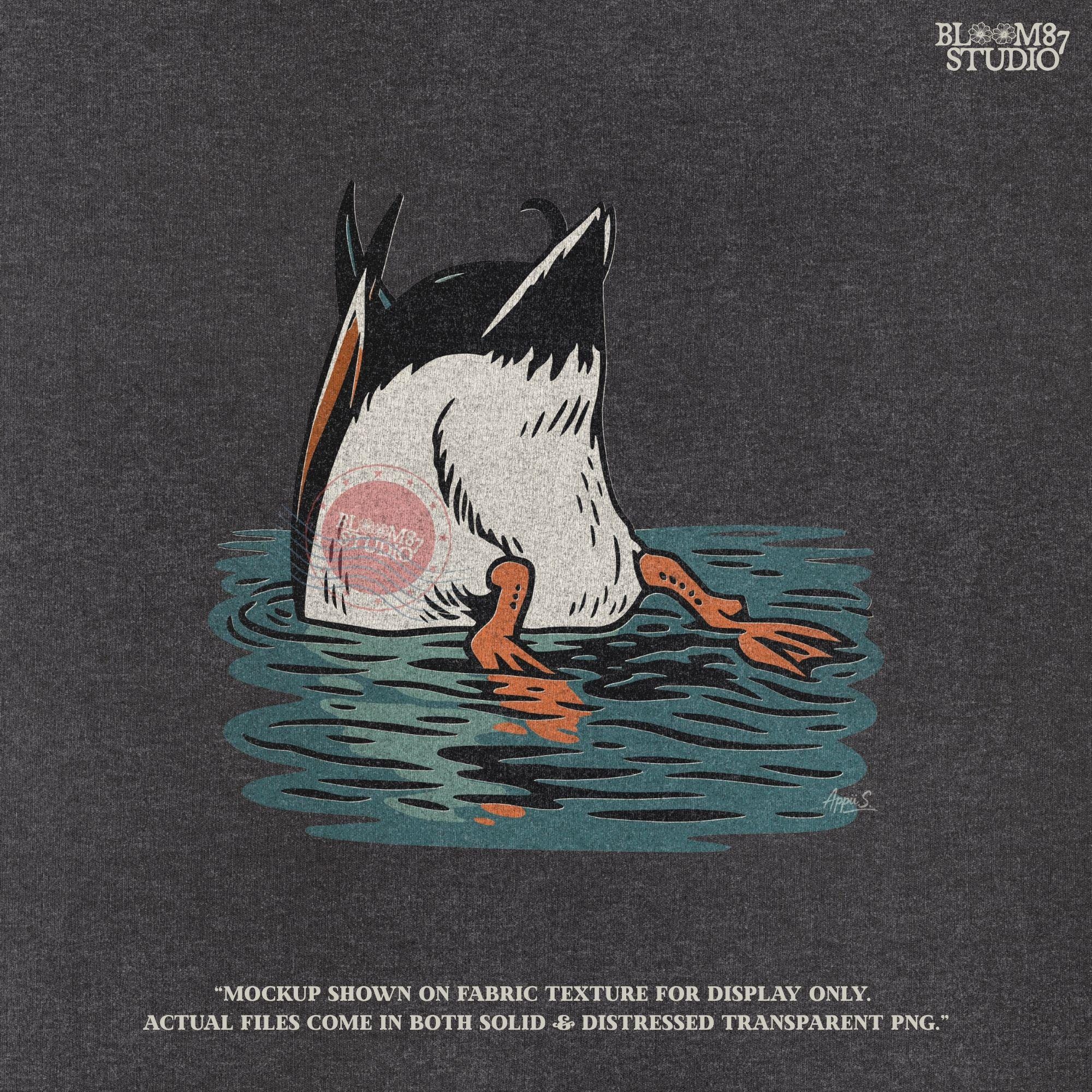Humorous illustration of a duck diving underwater with only its tail and orange webbed feet visible, perfect PNG for hunting and lodge décor designs