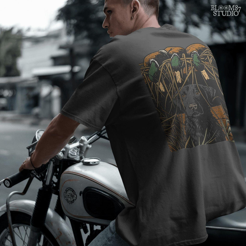 Illustration of a black Labrador retriever sitting in marsh grass beneath three mallard ducks, ideal for duck hunting and lodge décor sublimation designs