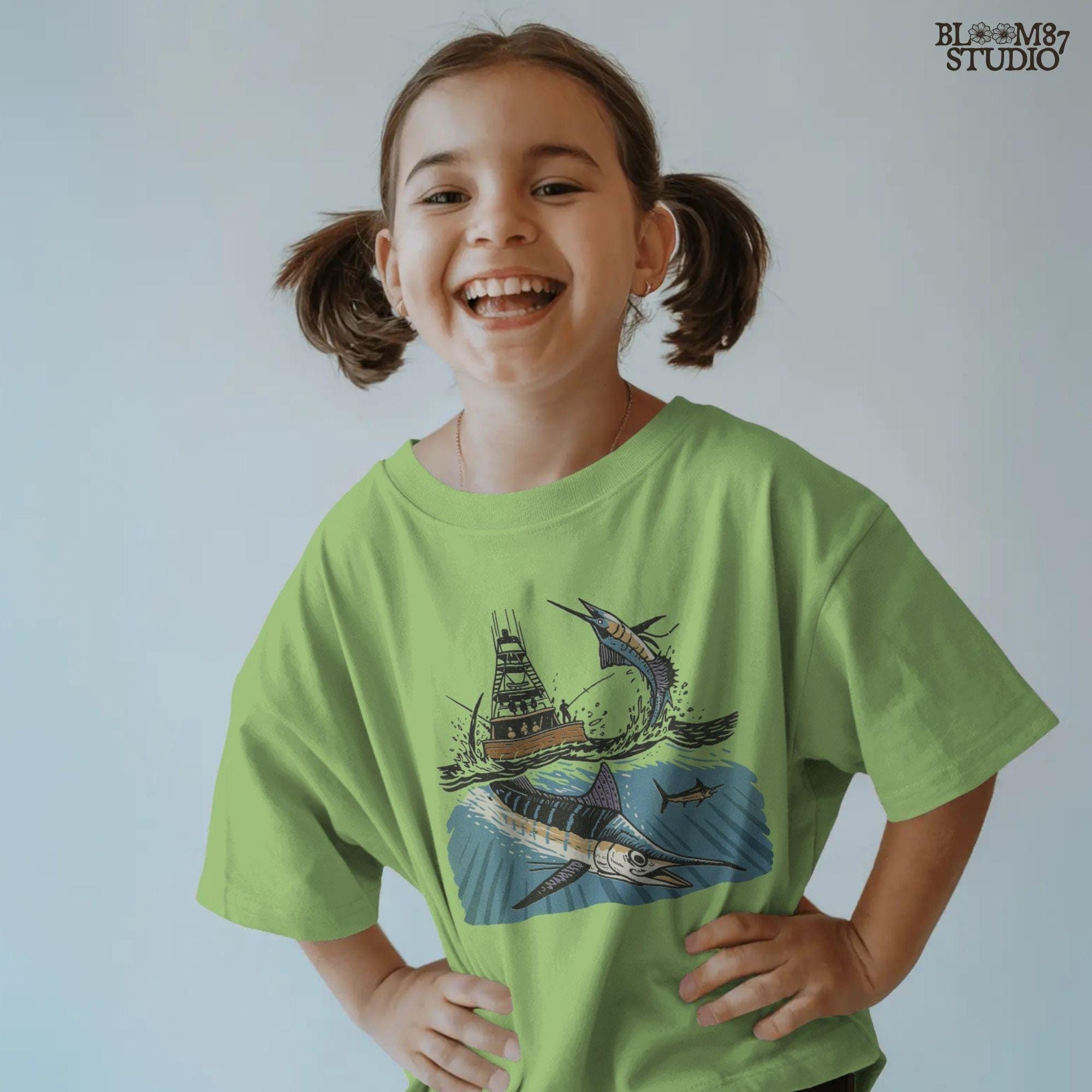 Illustration of a blue marlin jumping near a sportfishing boat with underwater and above-water ocean scene, sublimation PNG design