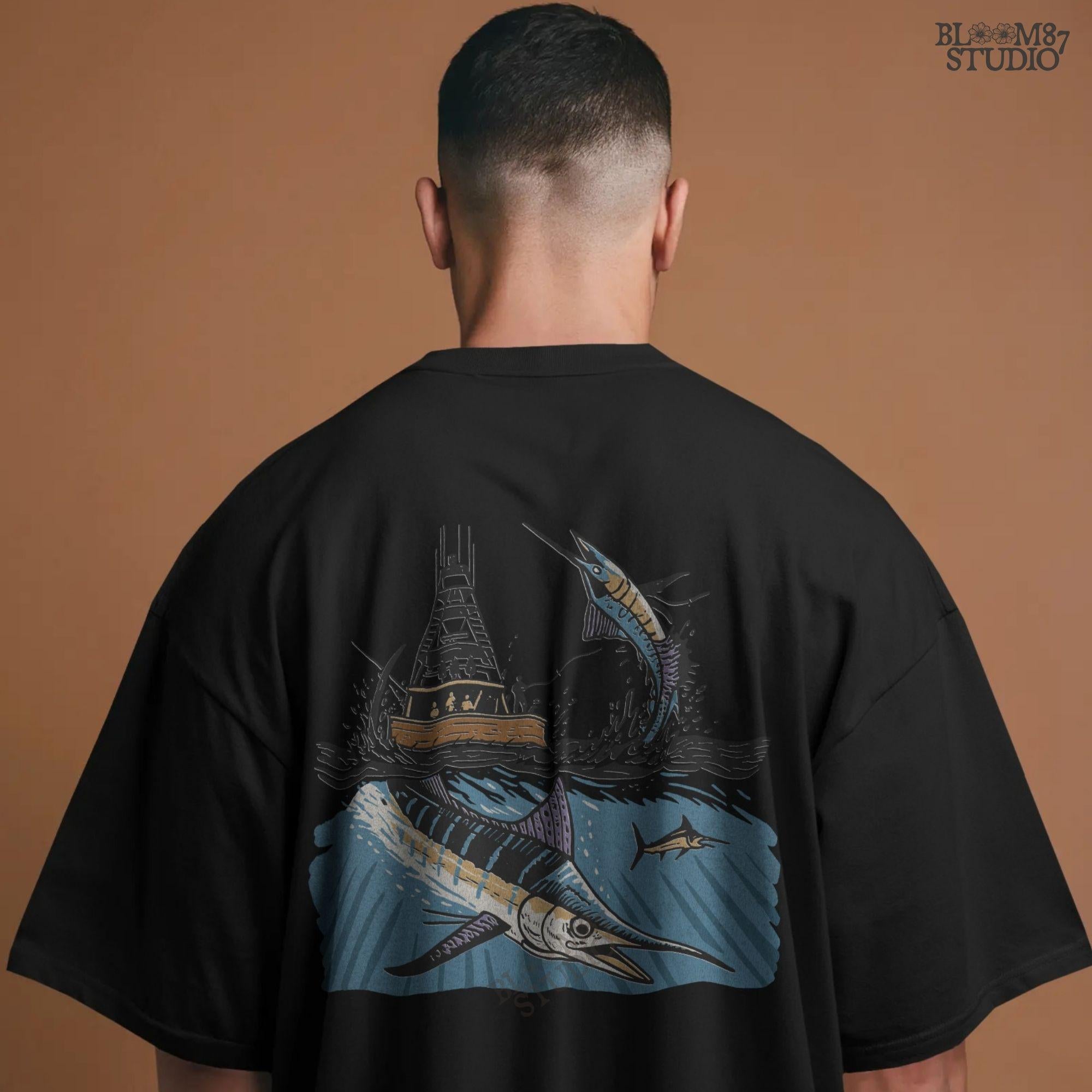 Illustration of a blue marlin jumping near a sportfishing boat with underwater and above-water ocean scene, sublimation PNG design