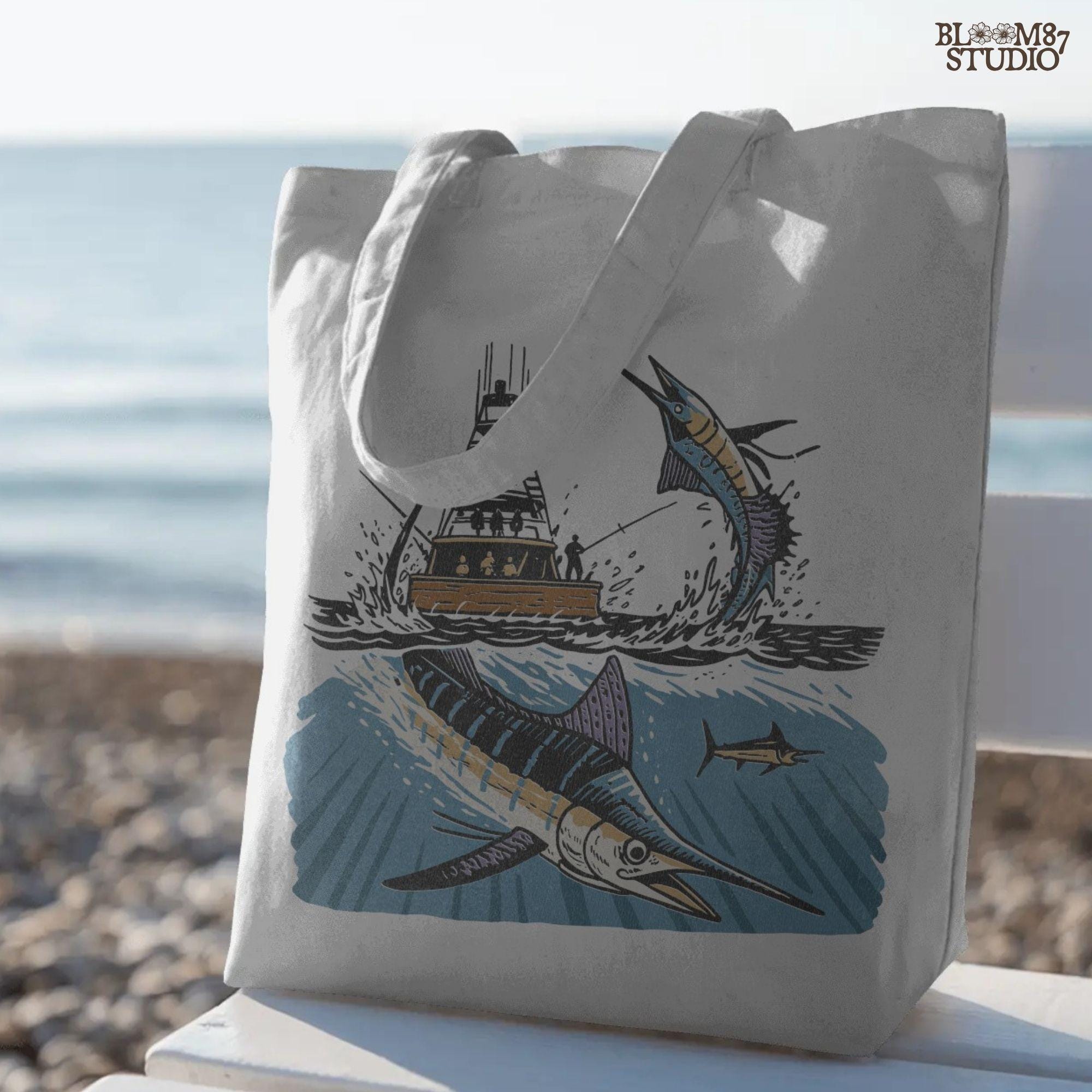 Illustration of a blue marlin jumping near a sportfishing boat with underwater and above-water ocean scene, sublimation PNG design