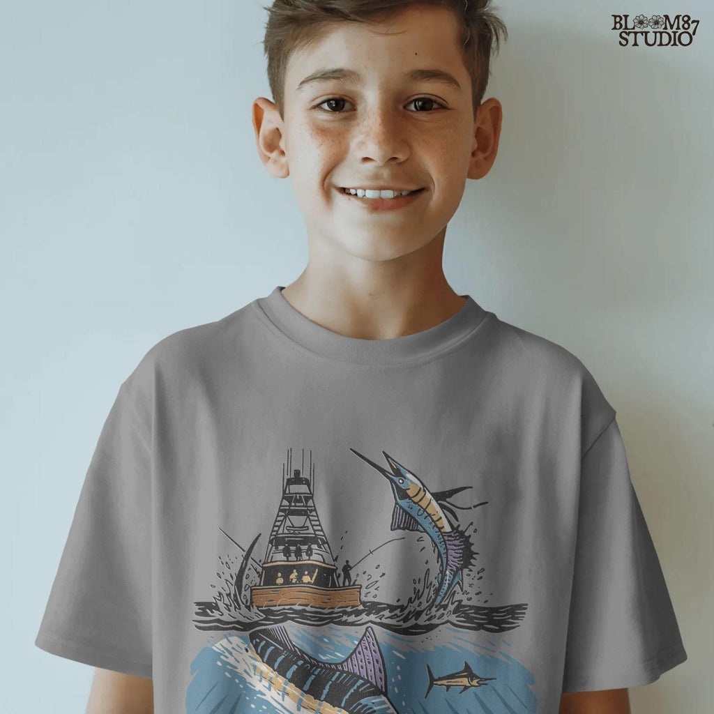 Illustration of a blue marlin jumping near a sportfishing boat with underwater and above-water ocean scene, sublimation PNG design