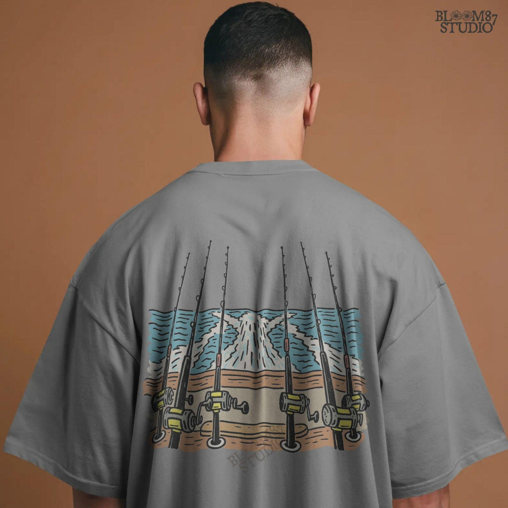 Illustration of offshore fishing rods set up on the stern of a boat moving through the ocean with visible wake, PNG design for sublimation