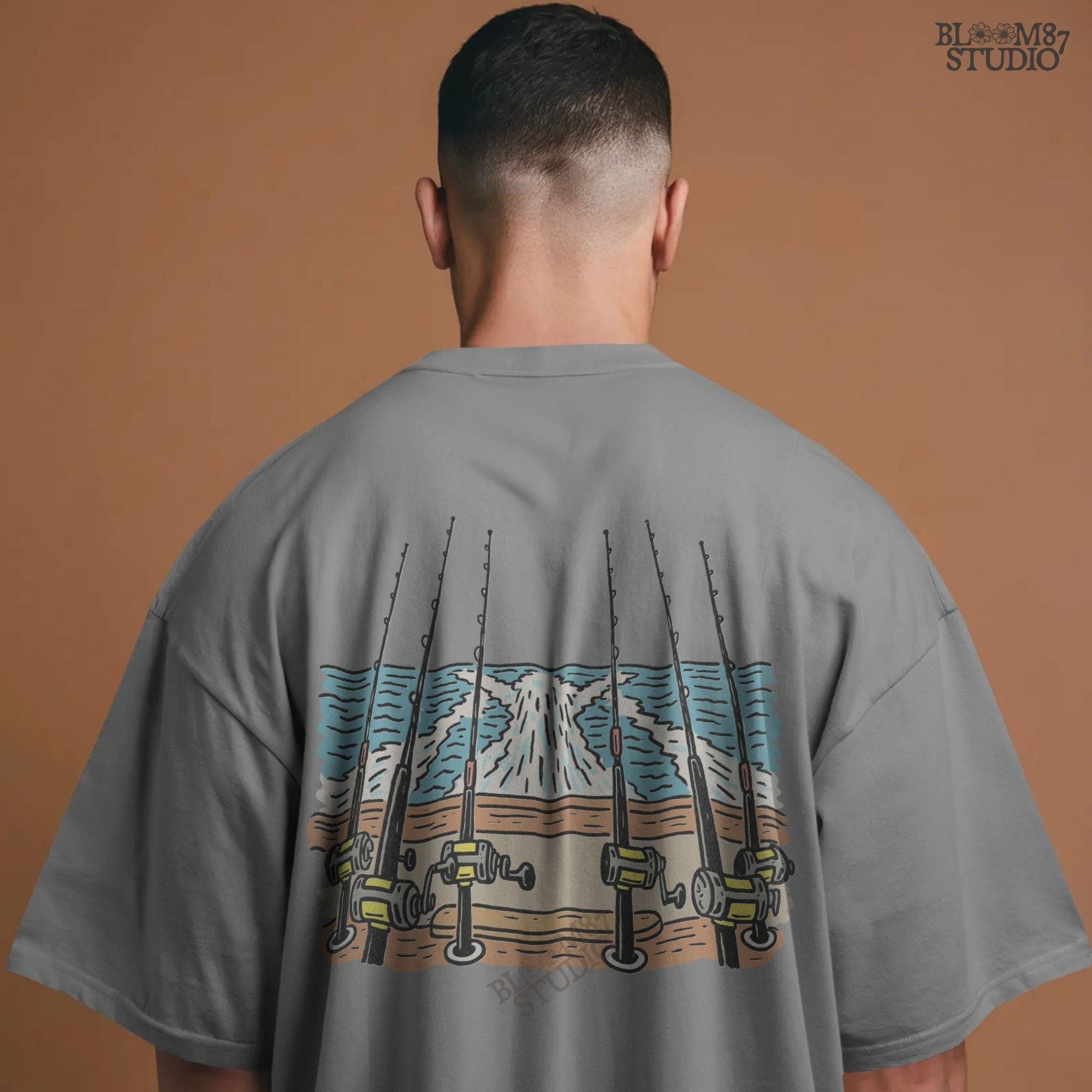 Illustration of offshore fishing rods set up on the stern of a boat moving through the ocean with visible wake, PNG design for sublimation