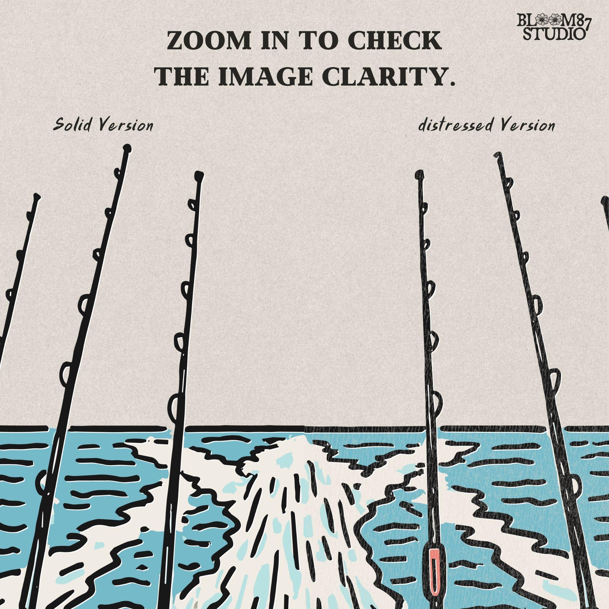 Illustration of offshore fishing rods set up on the stern of a boat moving through the ocean with visible wake, PNG design for sublimation