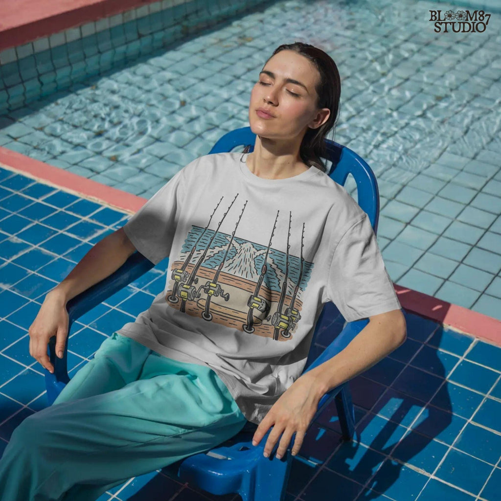 Illustration of offshore fishing rods set up on the stern of a boat moving through the ocean with visible wake, PNG design for sublimation