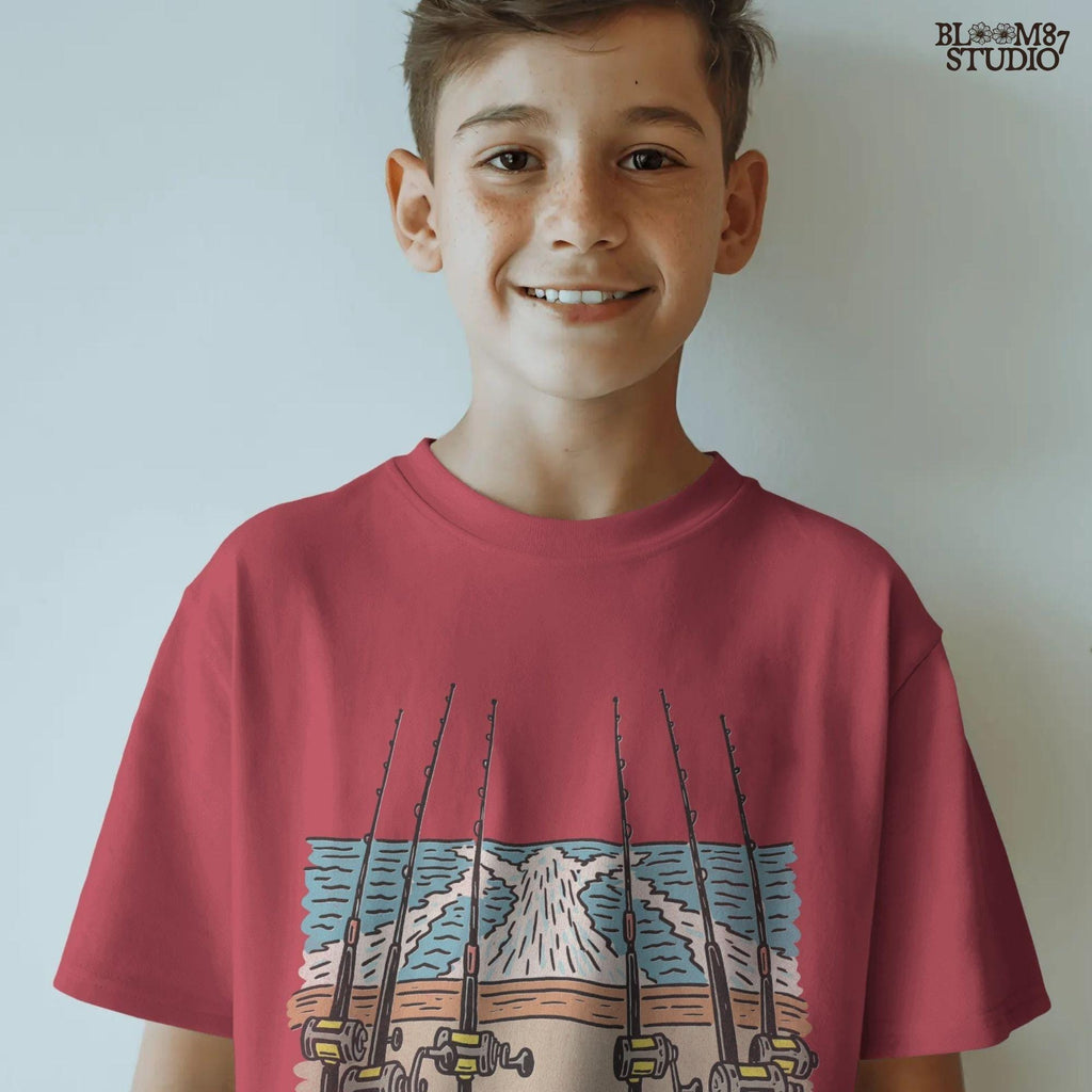 Illustration of offshore fishing rods set up on the stern of a boat moving through the ocean with visible wake, PNG design for sublimation