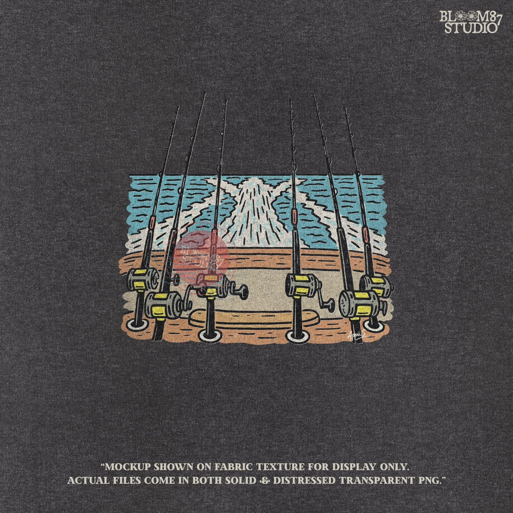 Illustration of offshore fishing rods set up on the stern of a boat moving through the ocean with visible wake, PNG design for sublimation