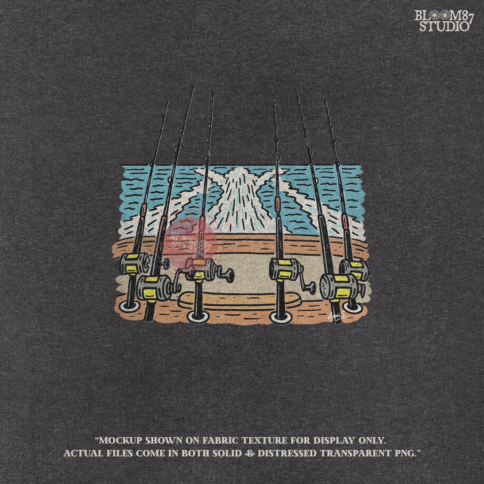 Illustration of offshore fishing rods set up on the stern of a boat moving through the ocean with visible wake, PNG design for sublimation