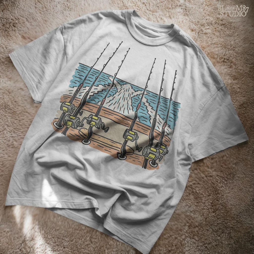 Illustration of offshore fishing rods set up on the stern of a boat moving through the ocean with visible wake, PNG design for sublimation