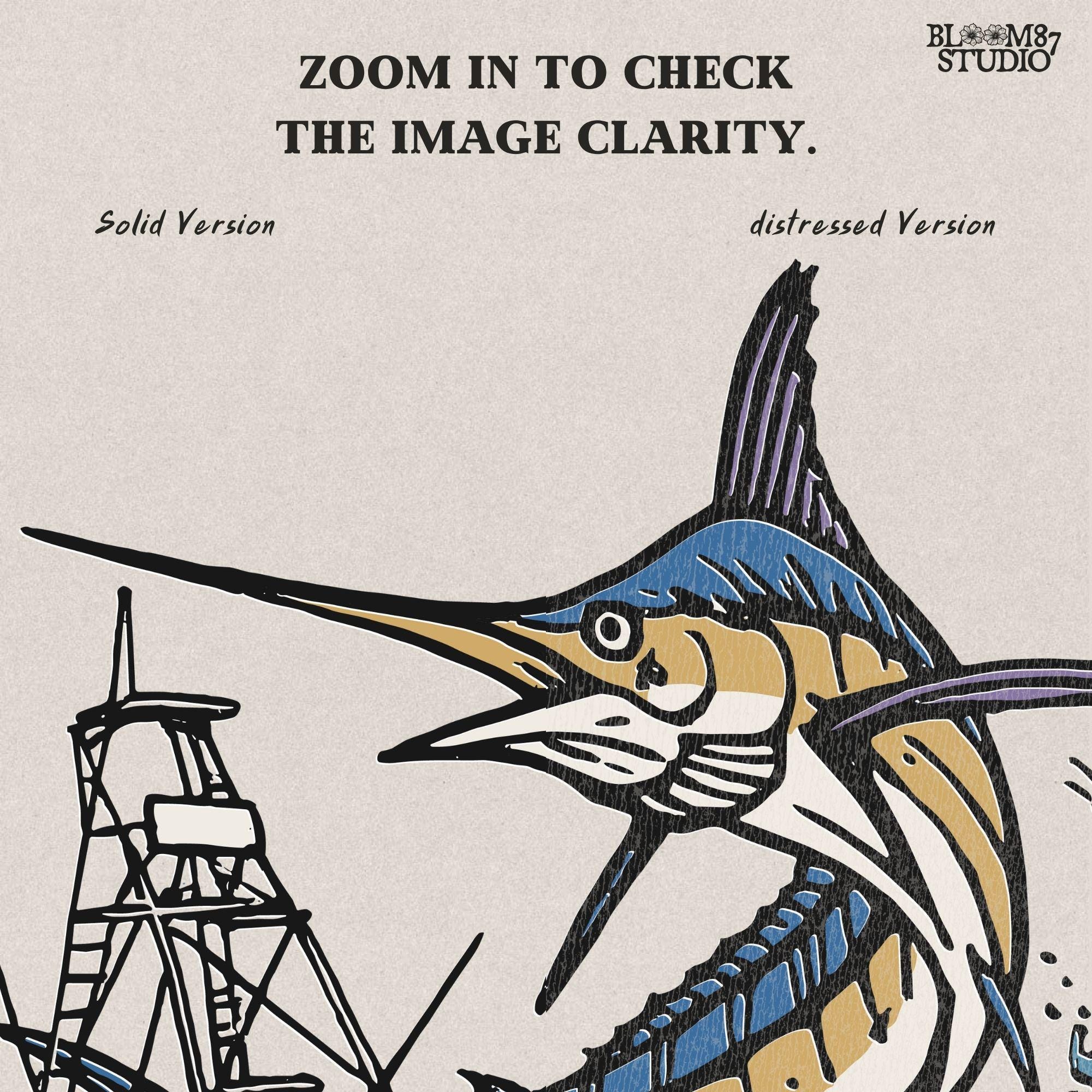 Illustration of a large marlin fish leaping beside an offshore sportfishing boat on the ocean, PNG digital design for sublimation projects.