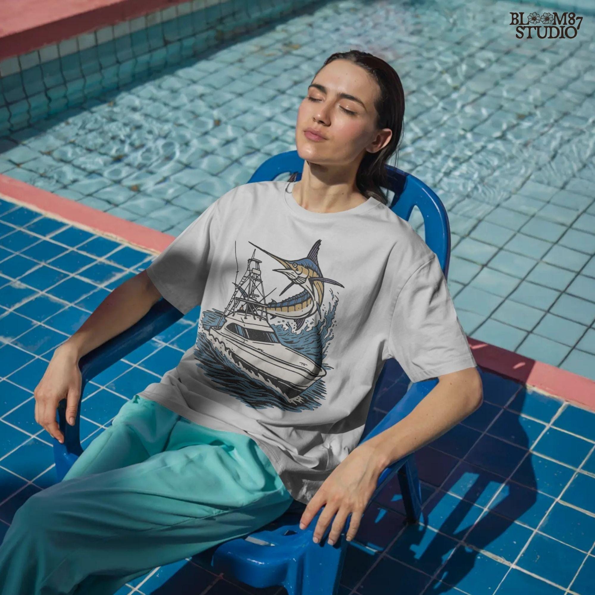 Illustration of a large marlin fish leaping beside an offshore sportfishing boat on the ocean, PNG digital design for sublimation projects.