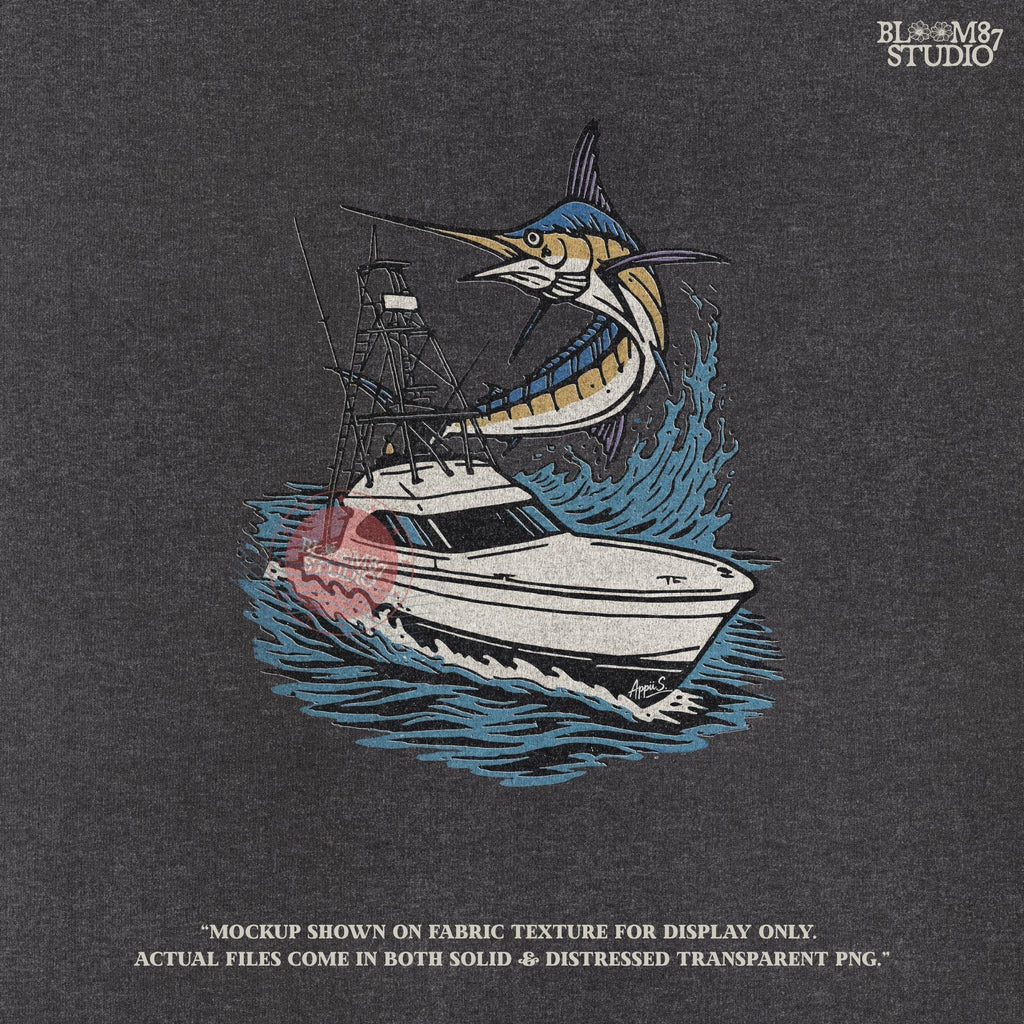 Illustration of a large marlin fish leaping beside an offshore sportfishing boat on the ocean, PNG digital design for sublimation projects.