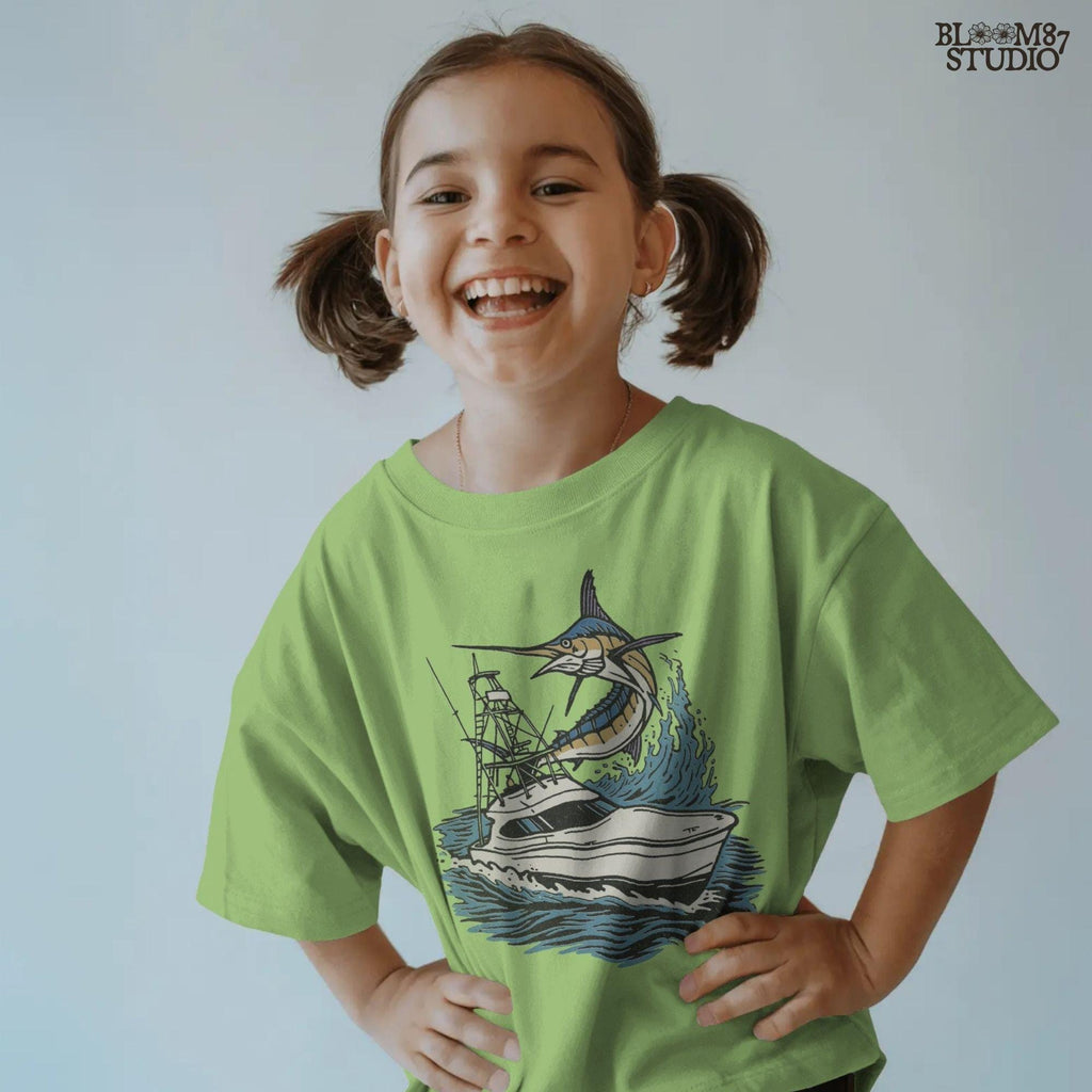 Illustration of a large marlin fish leaping beside an offshore sportfishing boat on the ocean, PNG digital design for sublimation projects.