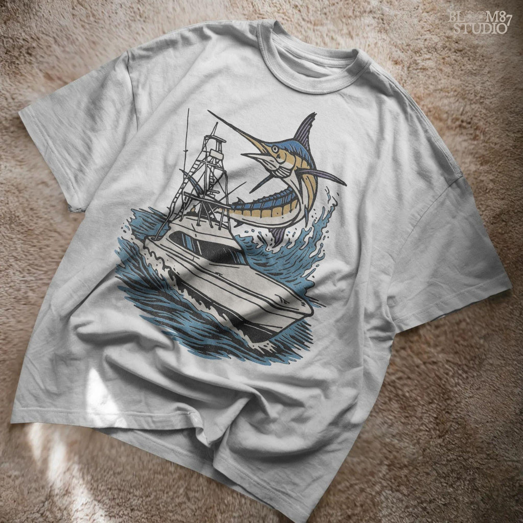 Illustration of a large marlin fish leaping beside an offshore sportfishing boat on the ocean, PNG digital design for sublimation projects.
