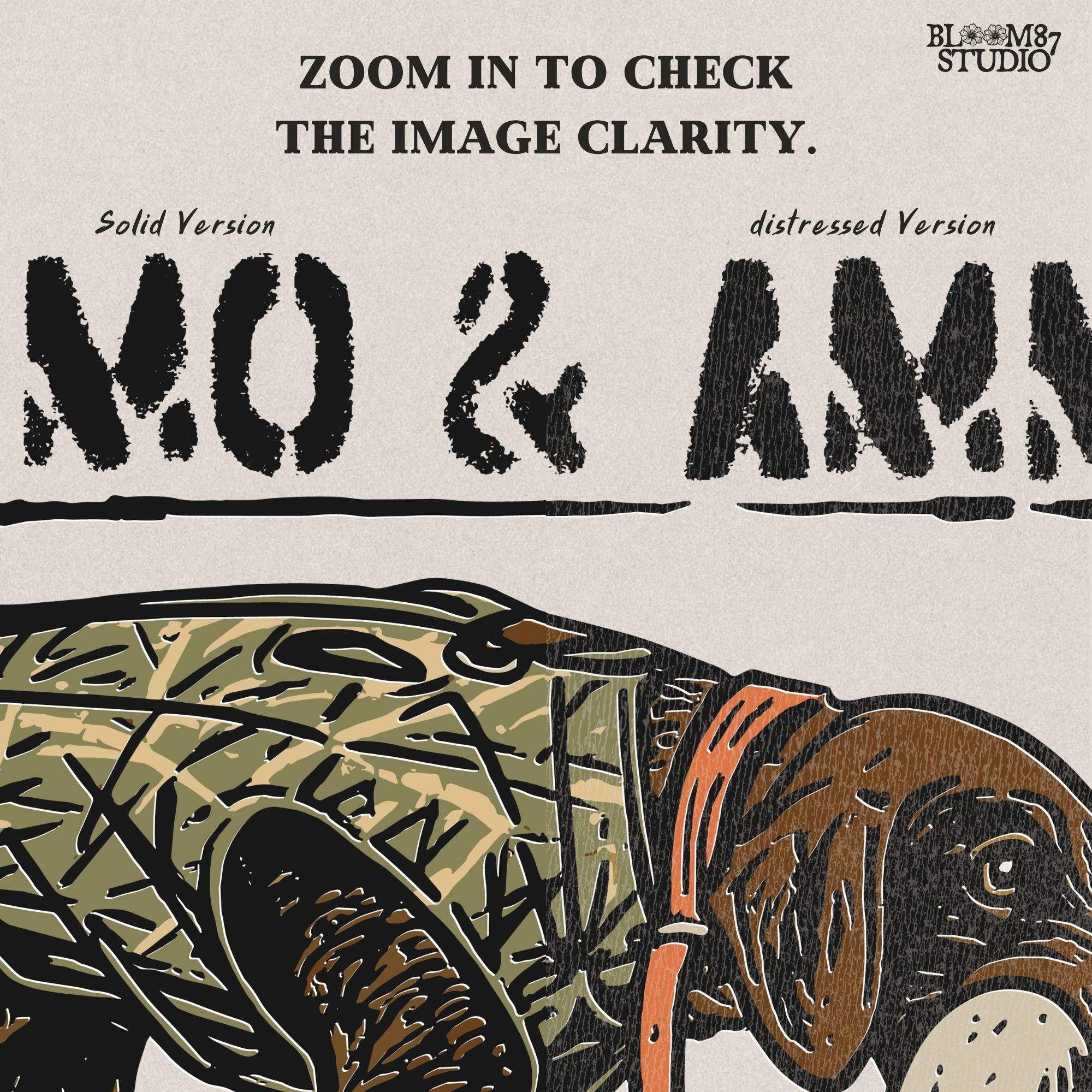 Hunting dog in a camo vest retrieving a mallard duck with a swimming duck nearby and text saying “Camo & Ammo and a Good Duck Dog”.