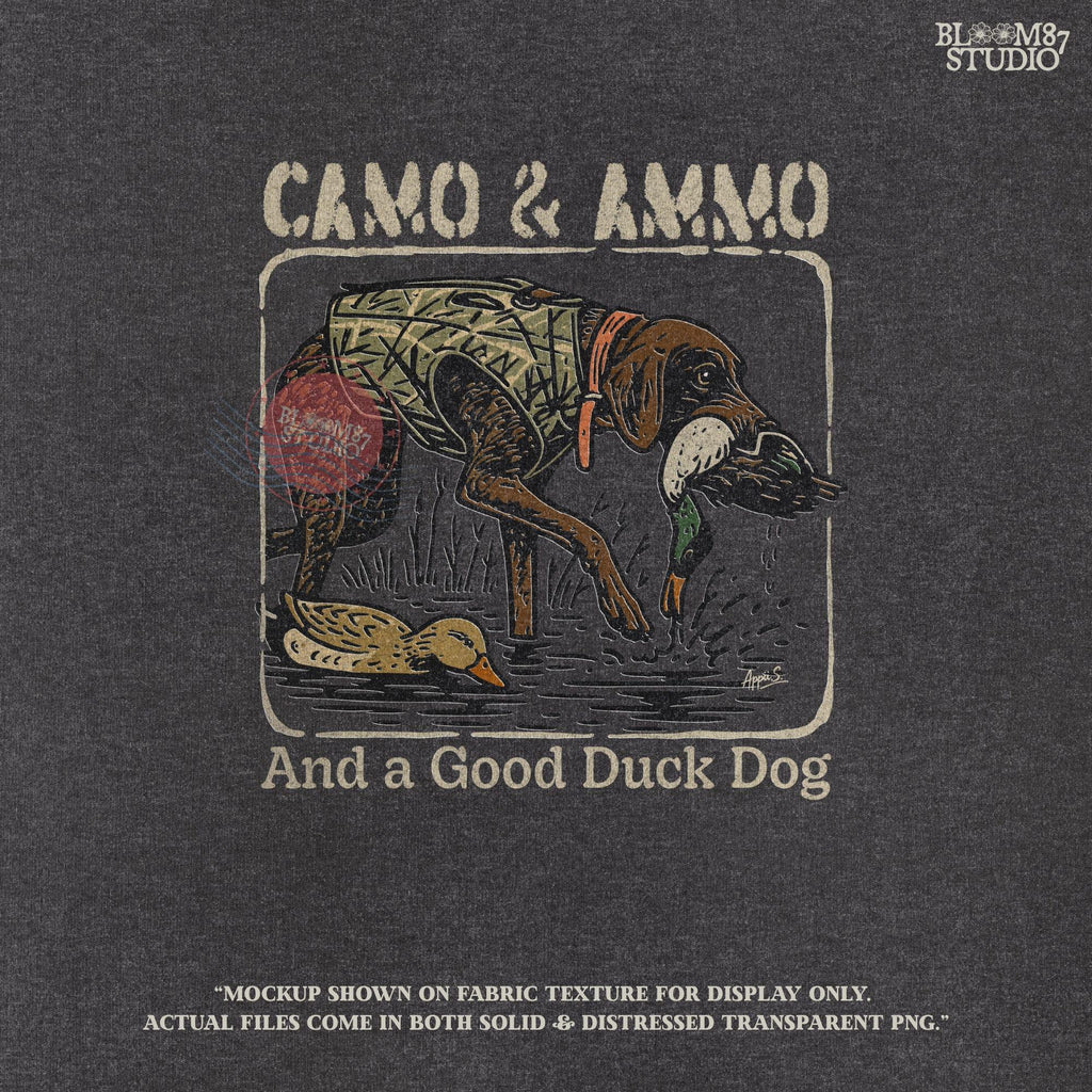 Hunting dog in a camo vest retrieving a mallard duck with a swimming duck nearby and text saying “Camo & Ammo and a Good Duck Dog”.