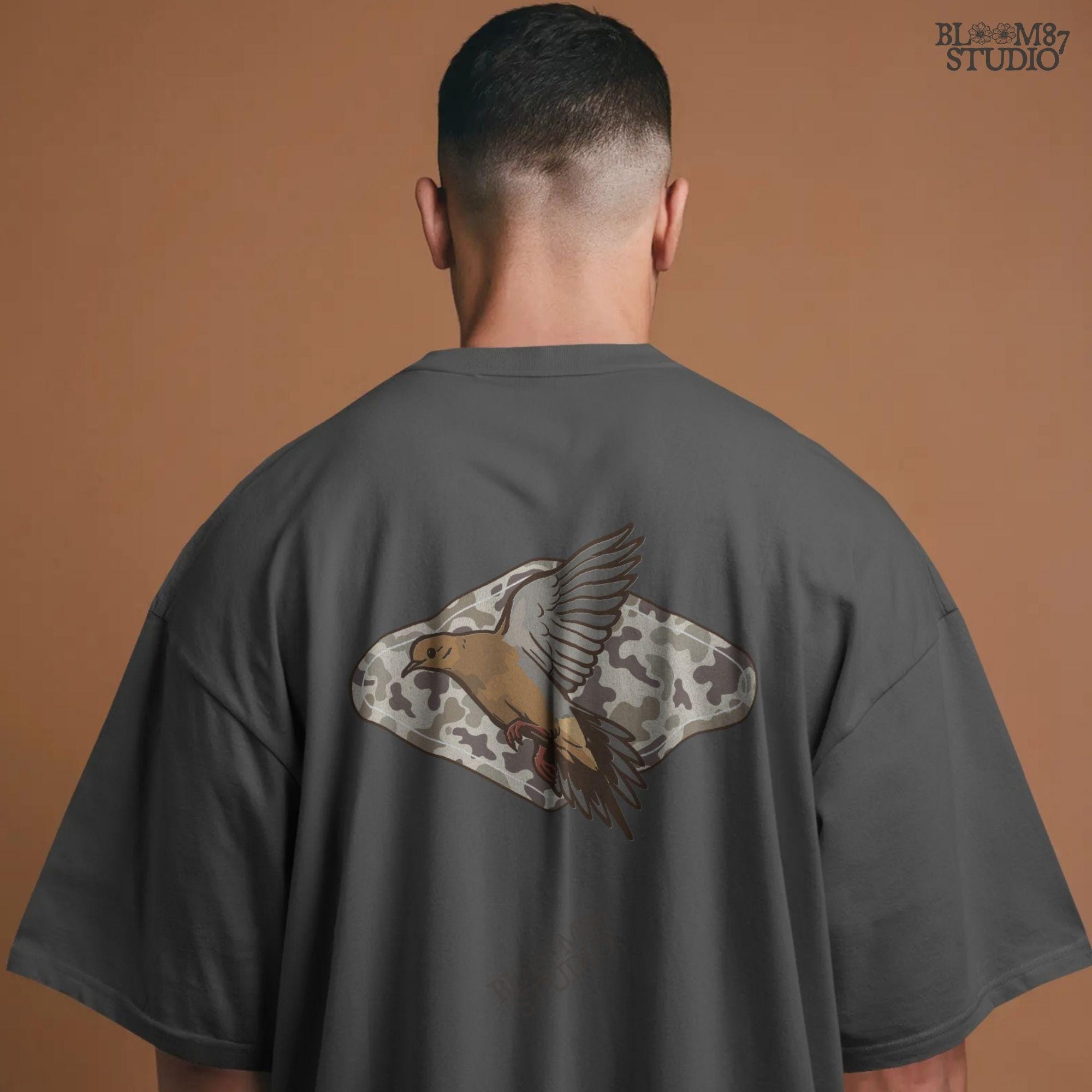 Illustration of a flying mourning dove over a tan and brown camo-patterned background, designed for hunting-themed sublimation prints.