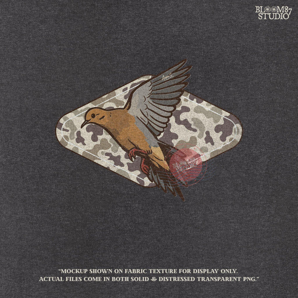 Illustration of a flying mourning dove over a tan and brown camo-patterned background, designed for hunting-themed sublimation prints.