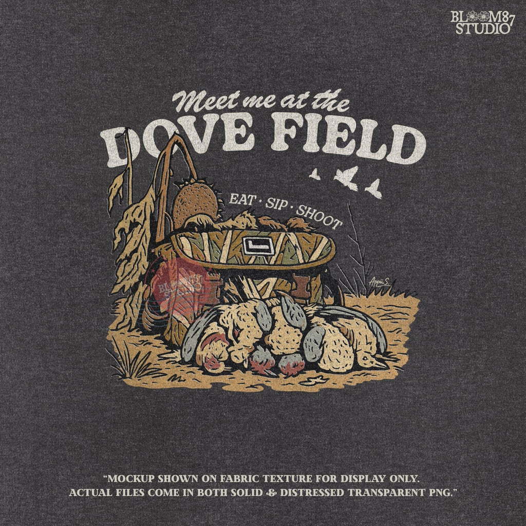 Camo hunting bag in a cornfield surrounded by harvested mourning doves with the phrase “Meet Me at the Dove Field” in vintage lettering.