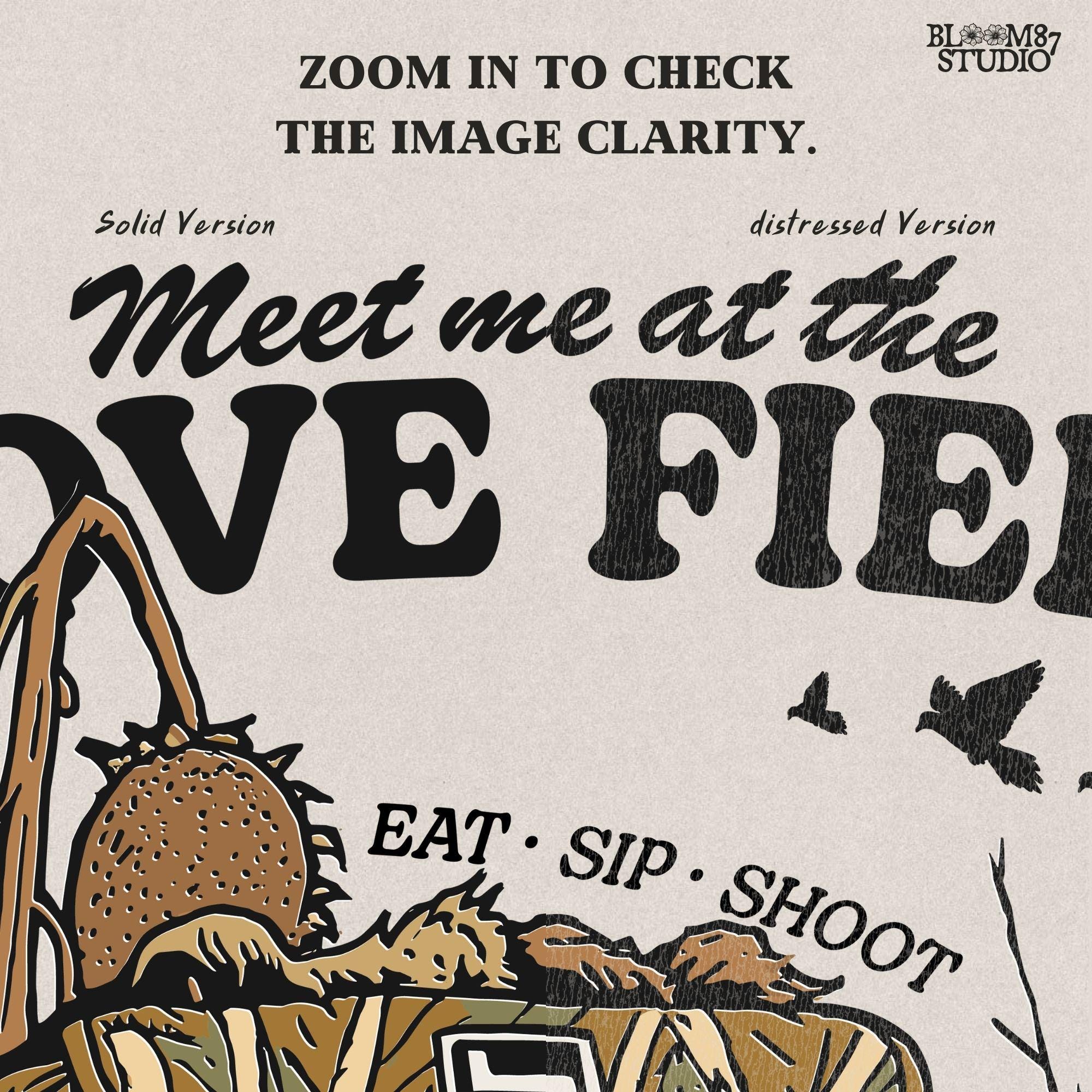Camo hunting bag in a cornfield surrounded by harvested mourning doves with the phrase “Meet Me at the Dove Field” in vintage lettering.