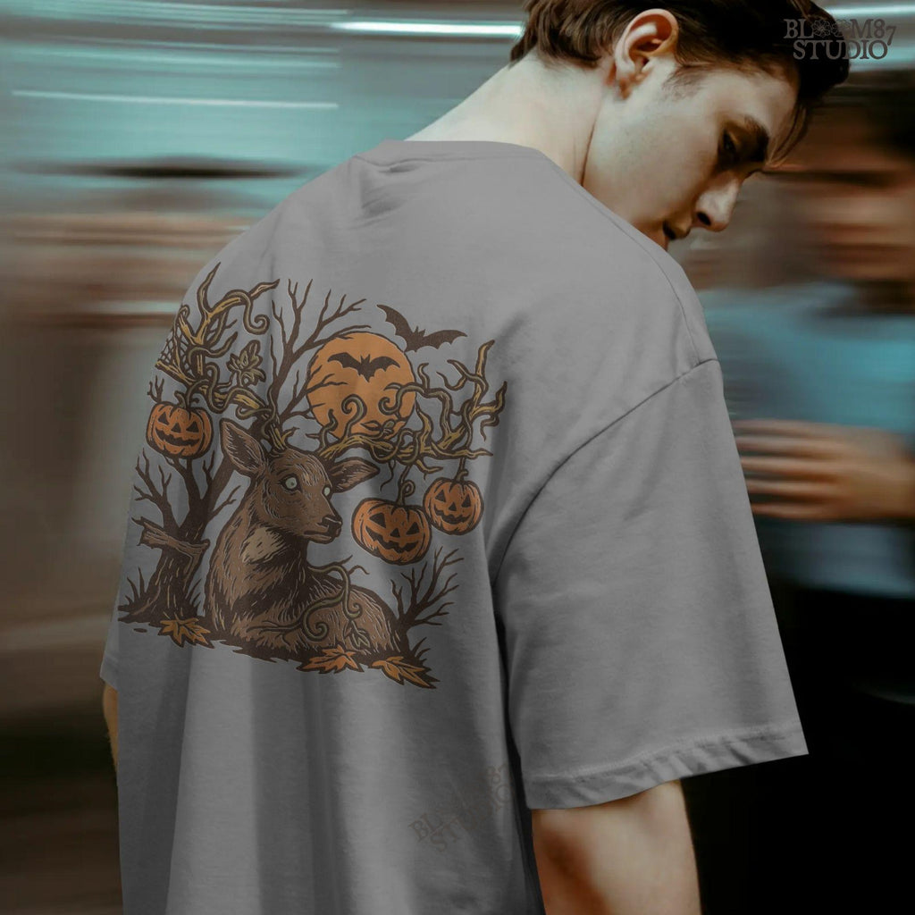 Halloween-themed sublimation PNG of a deer with spiderweb antlers, jack-o’-lantern pumpkins, bats, and a spooky forest background.Halloween-themed sublimation PNG of a deer with spiderweb antlers, jack-o’-lantern pumpkins, bats, and a spooky forest background.