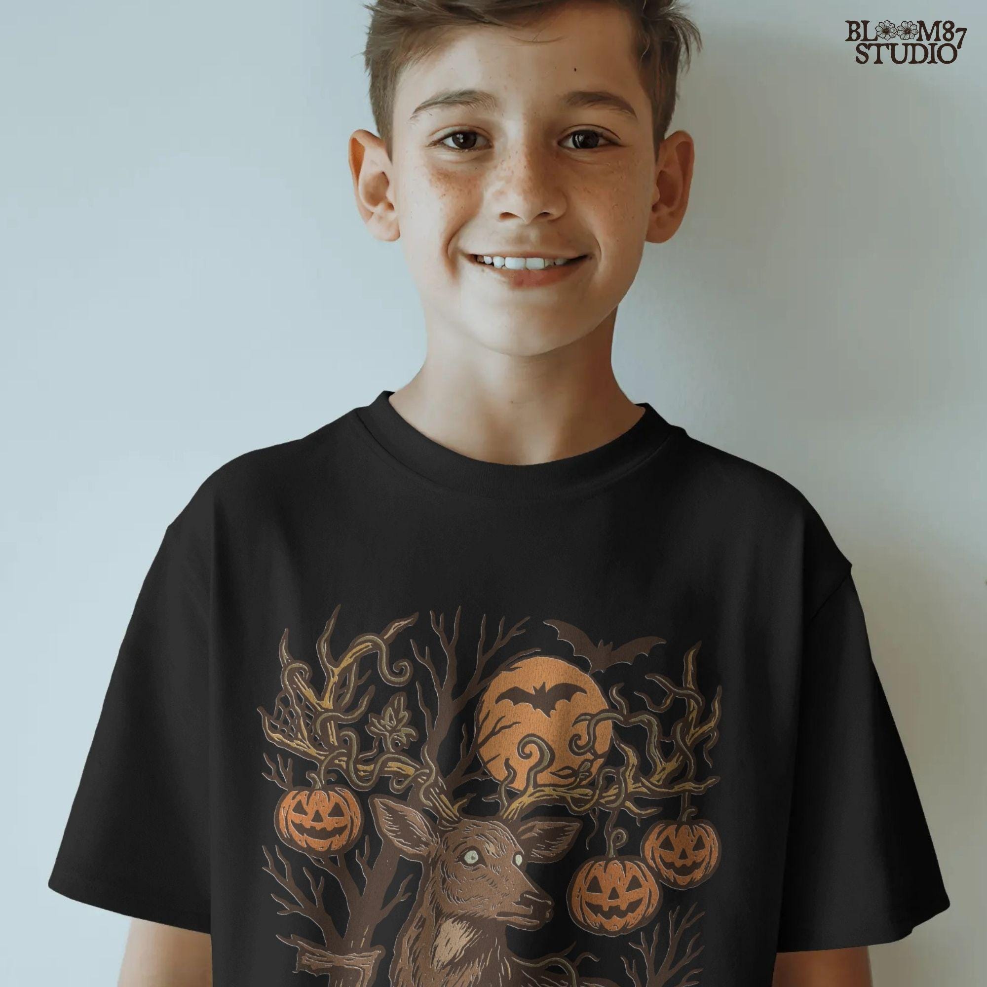 Halloween-themed sublimation PNG of a deer with spiderweb antlers, jack-o’-lantern pumpkins, bats, and a spooky forest background.