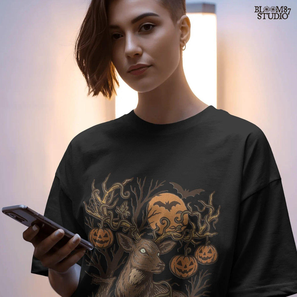 Halloween-themed sublimation PNG of a deer with spiderweb antlers, jack-o’-lantern pumpkins, bats, and a spooky forest background.v