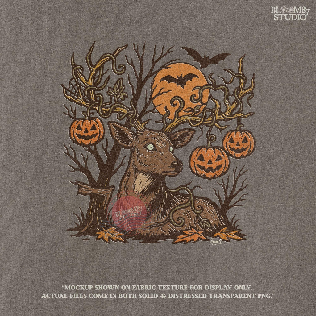 Halloween-themed sublimation PNG of a deer with spiderweb antlers, jack-o’-lantern pumpkins, bats, and a spooky forest background.
