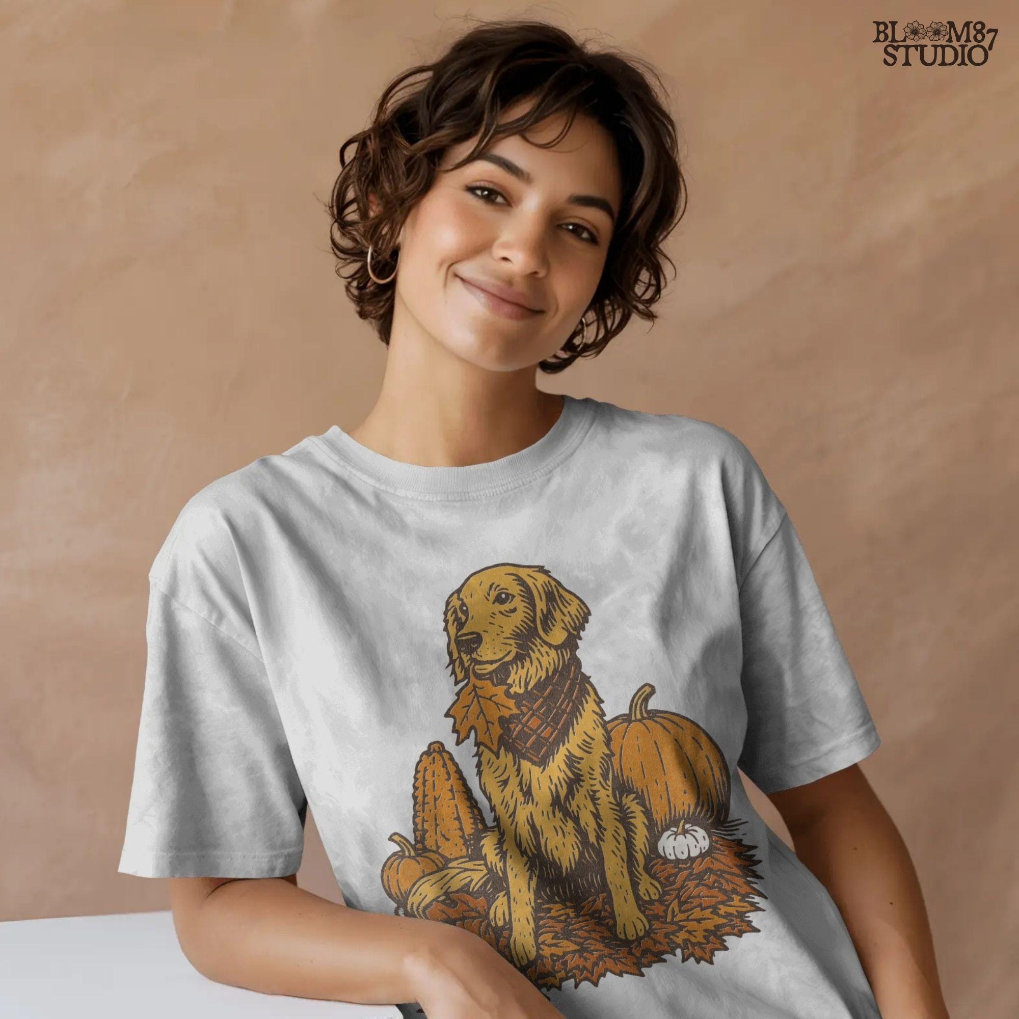 Illustration of a golden retriever dog with a scarf sitting among pumpkins, corn, and autumn leaves, perfect for fall sublimation and Thanksgiving décor designs