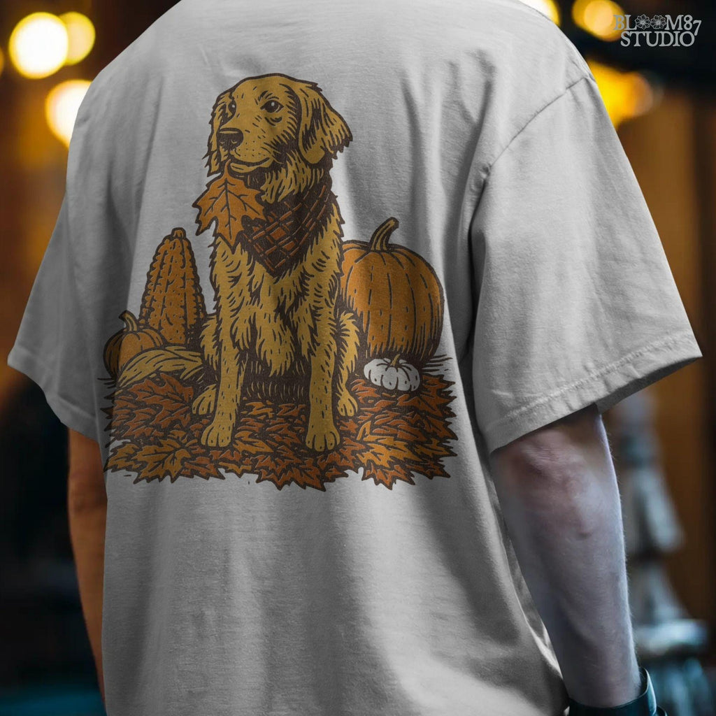 Illustration of a golden retriever dog with a scarf sitting among pumpkins, corn, and autumn leaves, perfect for fall sublimation and Thanksgiving décor designs