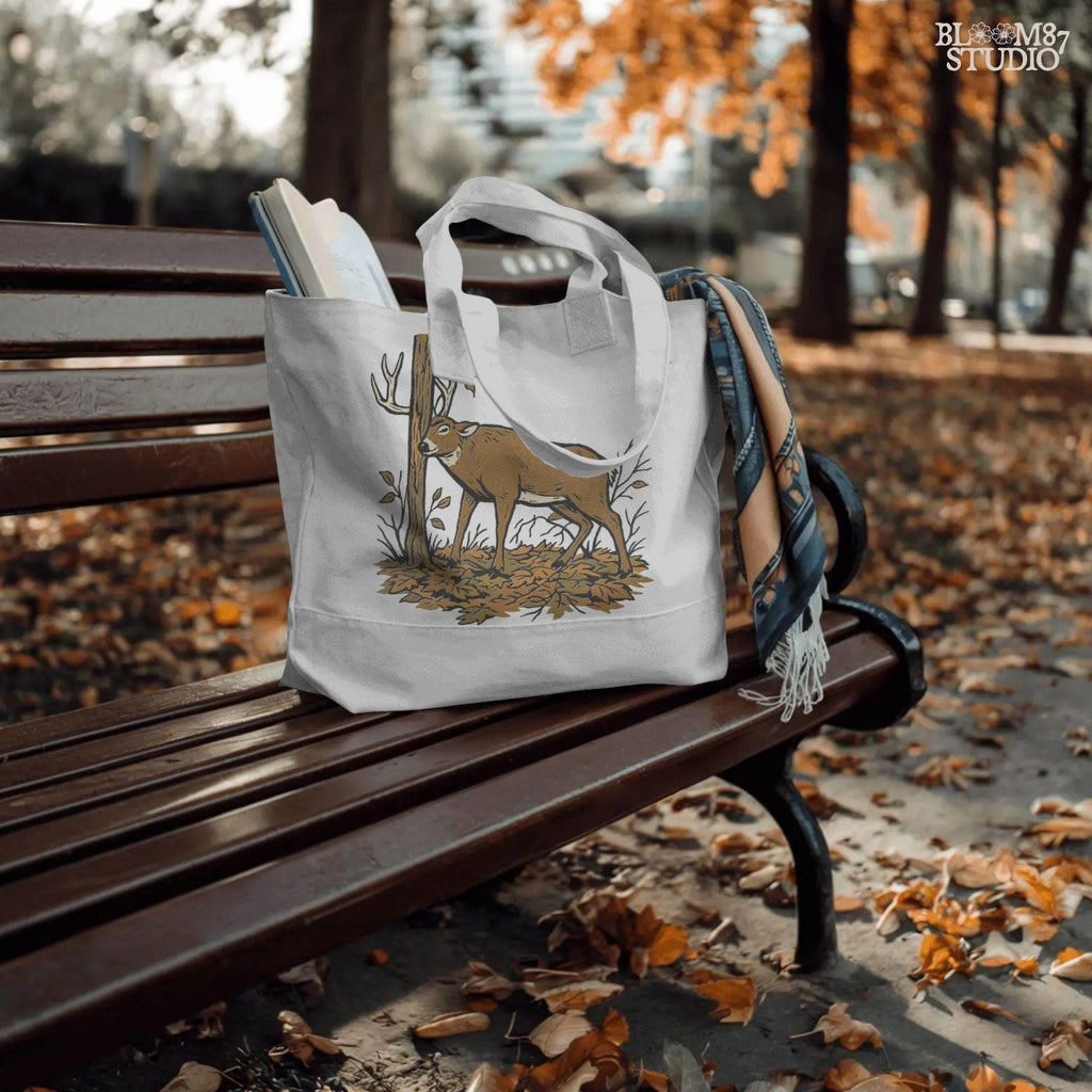 Illustration of a whitetail buck rubbing its antlers on a tree with autumn leaves on the ground, rustic hunting sublimation PNG design for shirts and décor