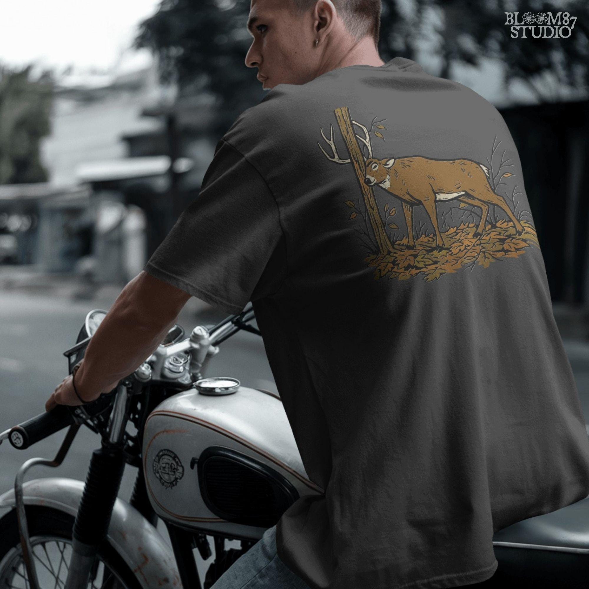 Illustration of a whitetail buck rubbing its antlers on a tree with autumn leaves on the ground, rustic hunting sublimation PNG design for shirts and décor