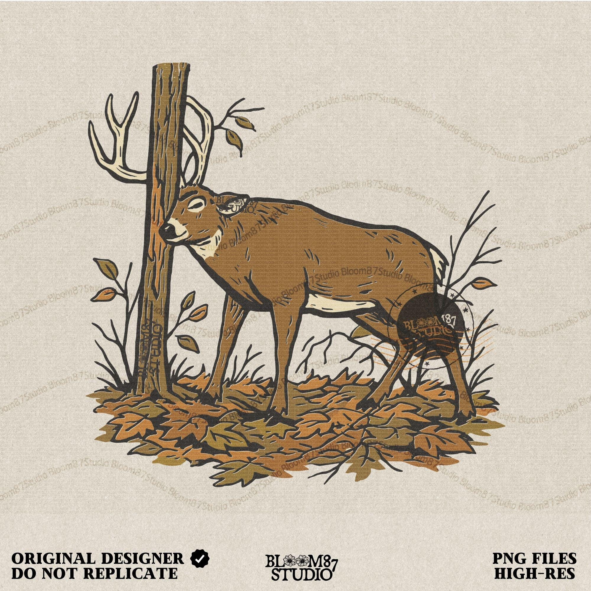 Illustration of a whitetail buck rubbing its antlers on a tree with autumn leaves on the ground, rustic hunting sublimation PNG design for shirts and décor