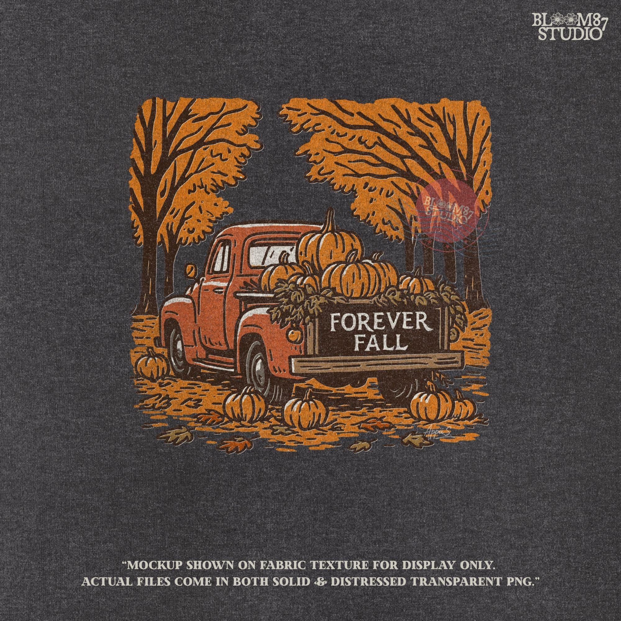 Illustration of a vintage red truck filled with pumpkins and the words “Forever Fall” on the tailgate, surrounded by autumn leaves and trees, sublimation PNG design.