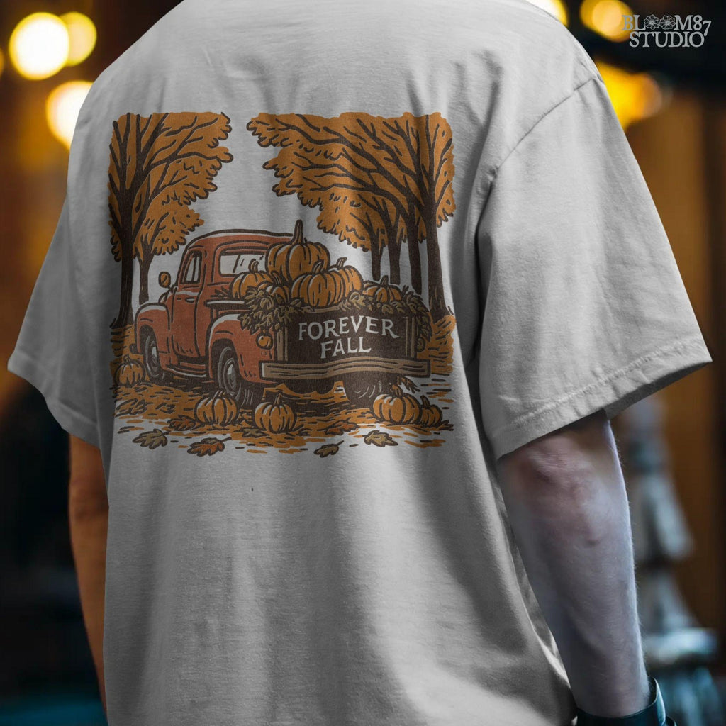 Illustration of a vintage red truck filled with pumpkins and the words “Forever Fall” on the tailgate, surrounded by autumn leaves and trees, sublimation PNG design.