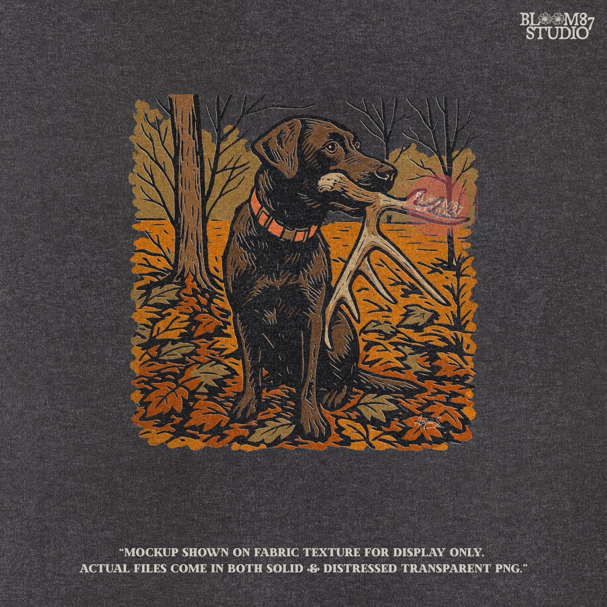 Illustration of a black Labrador dog sitting in autumn leaves holding a deer antler in its mouth, rustic hunting sublimation PNG design.