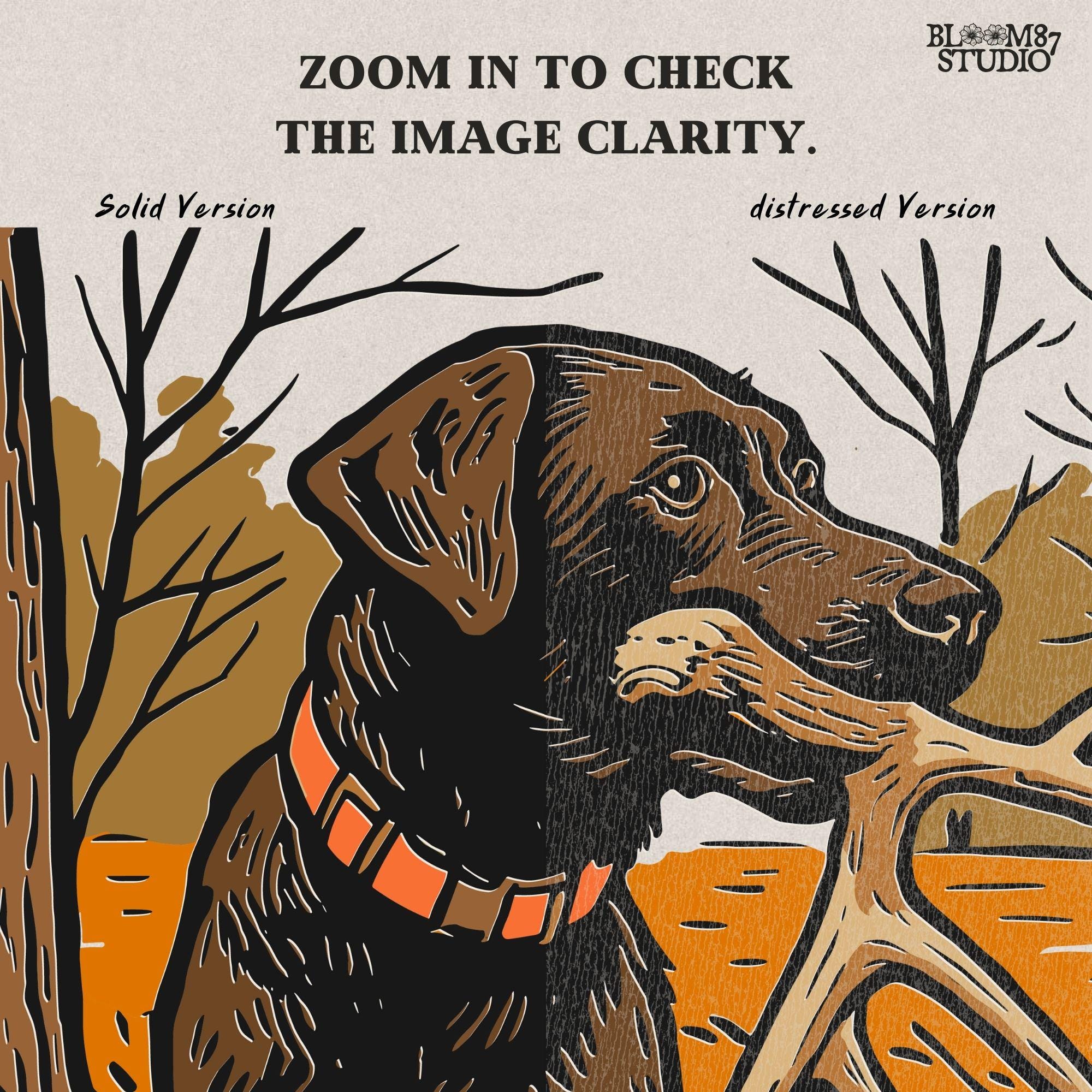 Illustration of a black Labrador dog sitting in autumn leaves holding a deer antler in its mouth, rustic hunting sublimation PNG design.