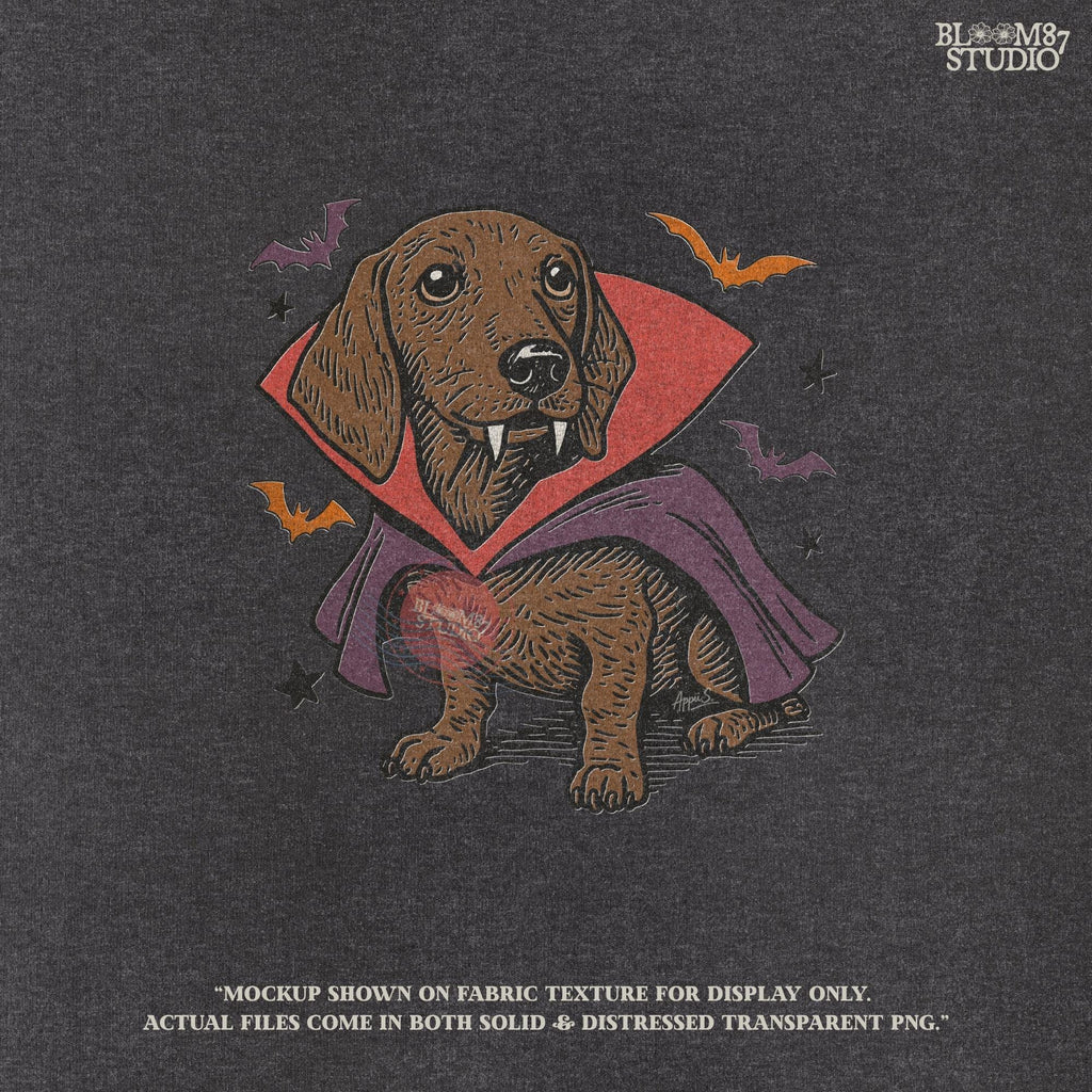 Cute dachshund dressed as a Halloween vampire with red and purple cape, fangs, and surrounded by bats on transparent background.