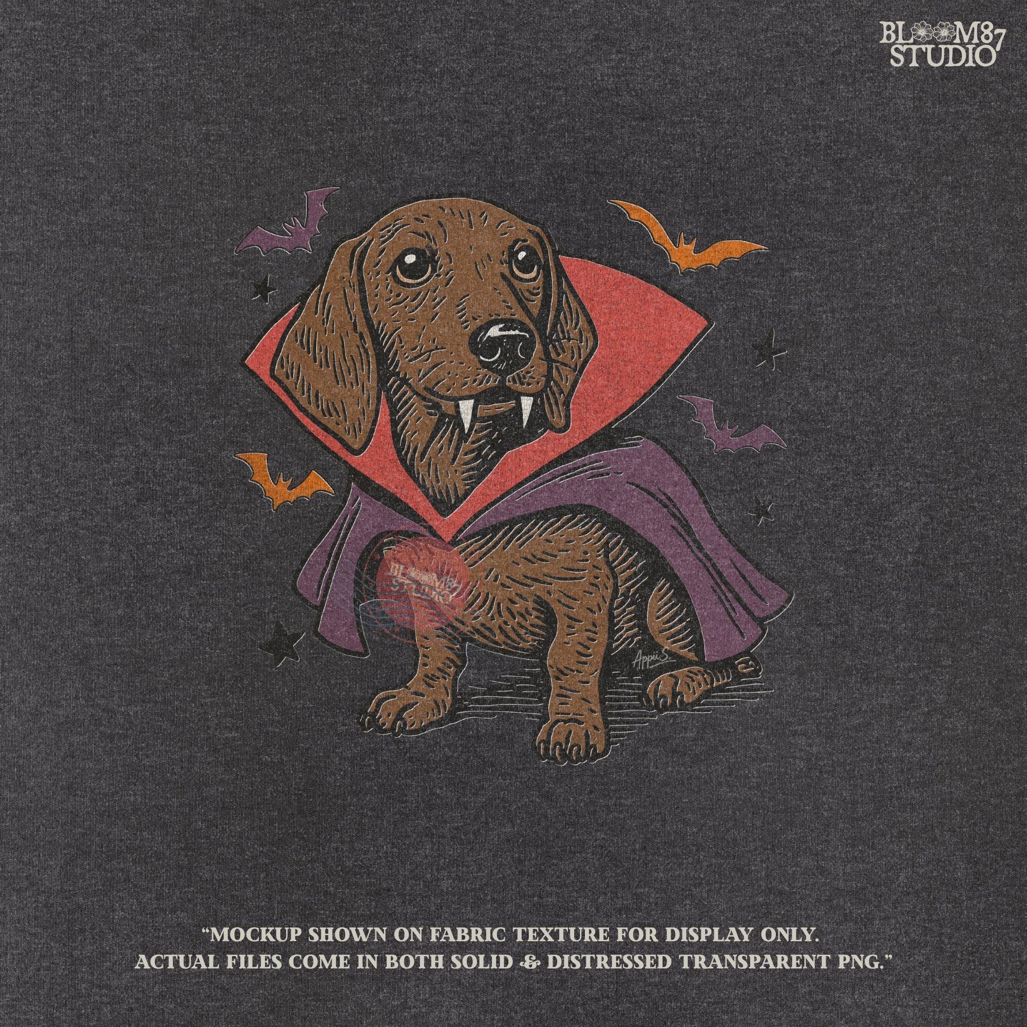 Cute dachshund dressed as a Halloween vampire with red and purple cape, fangs, and surrounded by bats on transparent background.