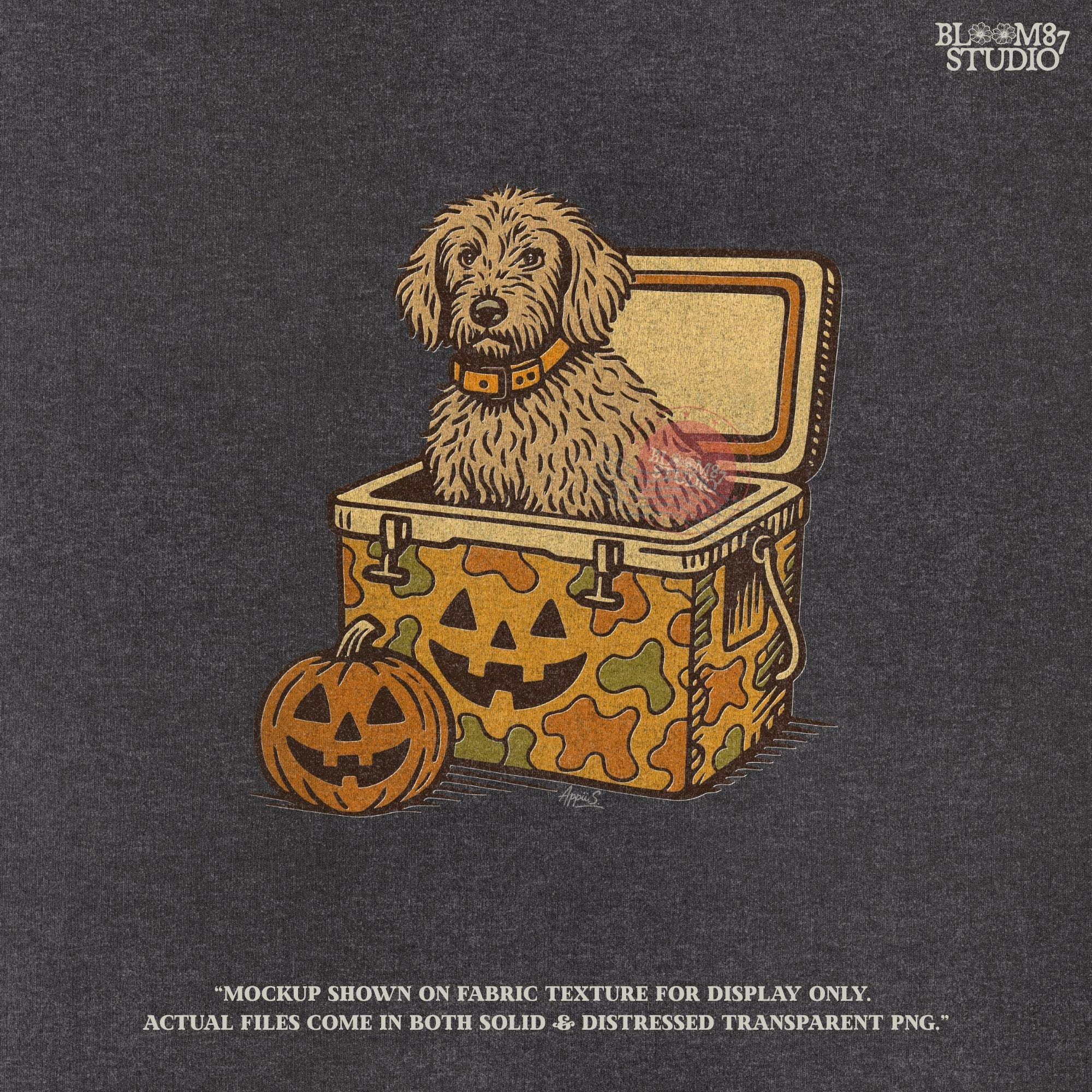 Cute golden doodle dog sitting in a Halloween camo cooler with jack-o’-lantern face, fall-themed sublimation graphic on transparent background.