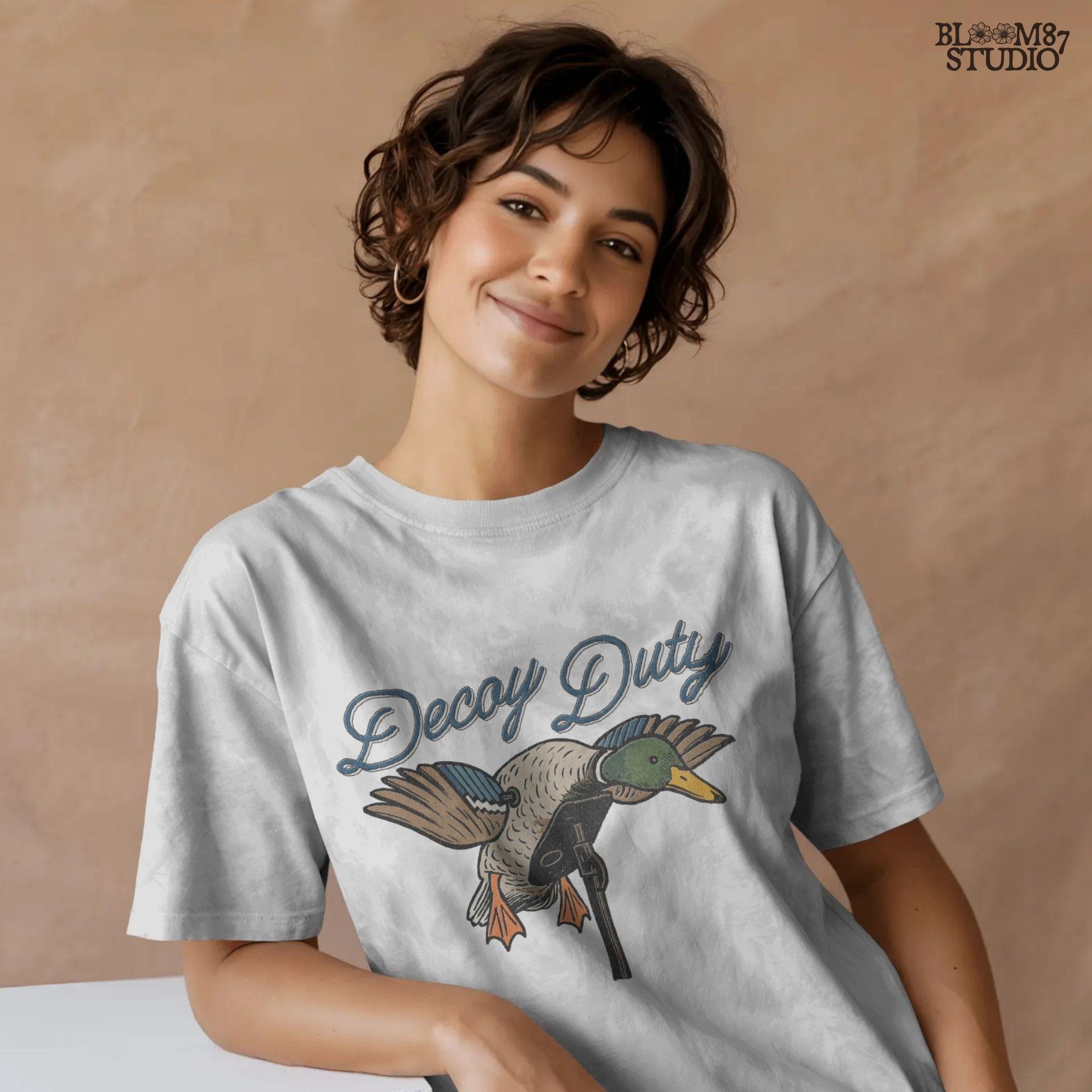 Illustration of a mallard duck hunting decoy with the words “Decoy Duty,” rustic sublimation PNG design for hunters and outdoor artwork.