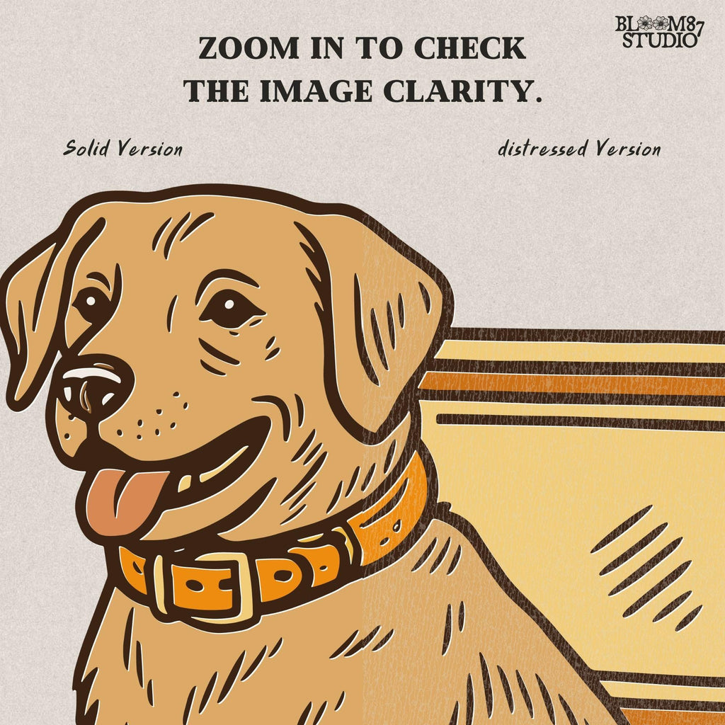 Halloween-themed yellow Labrador retriever sitting inside a pumpkin camo cooler with jack-o’-lanterns, sublimation PNG graphic.