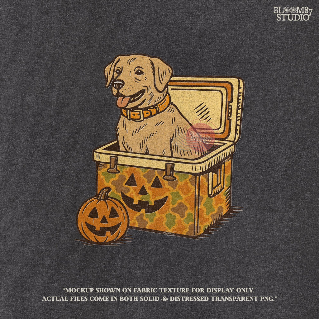 Halloween-themed yellow Labrador retriever sitting inside a pumpkin camo cooler with jack-o’-lanterns, sublimation PNG graphic.