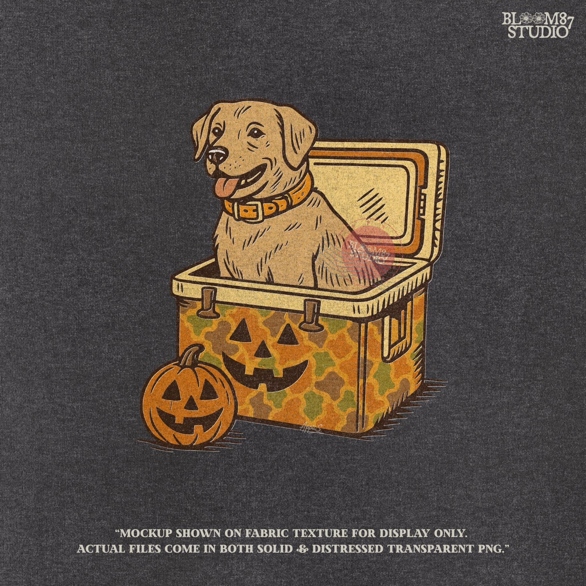 Halloween-themed yellow Labrador retriever sitting inside a pumpkin camo cooler with jack-o’-lanterns, sublimation PNG graphic.