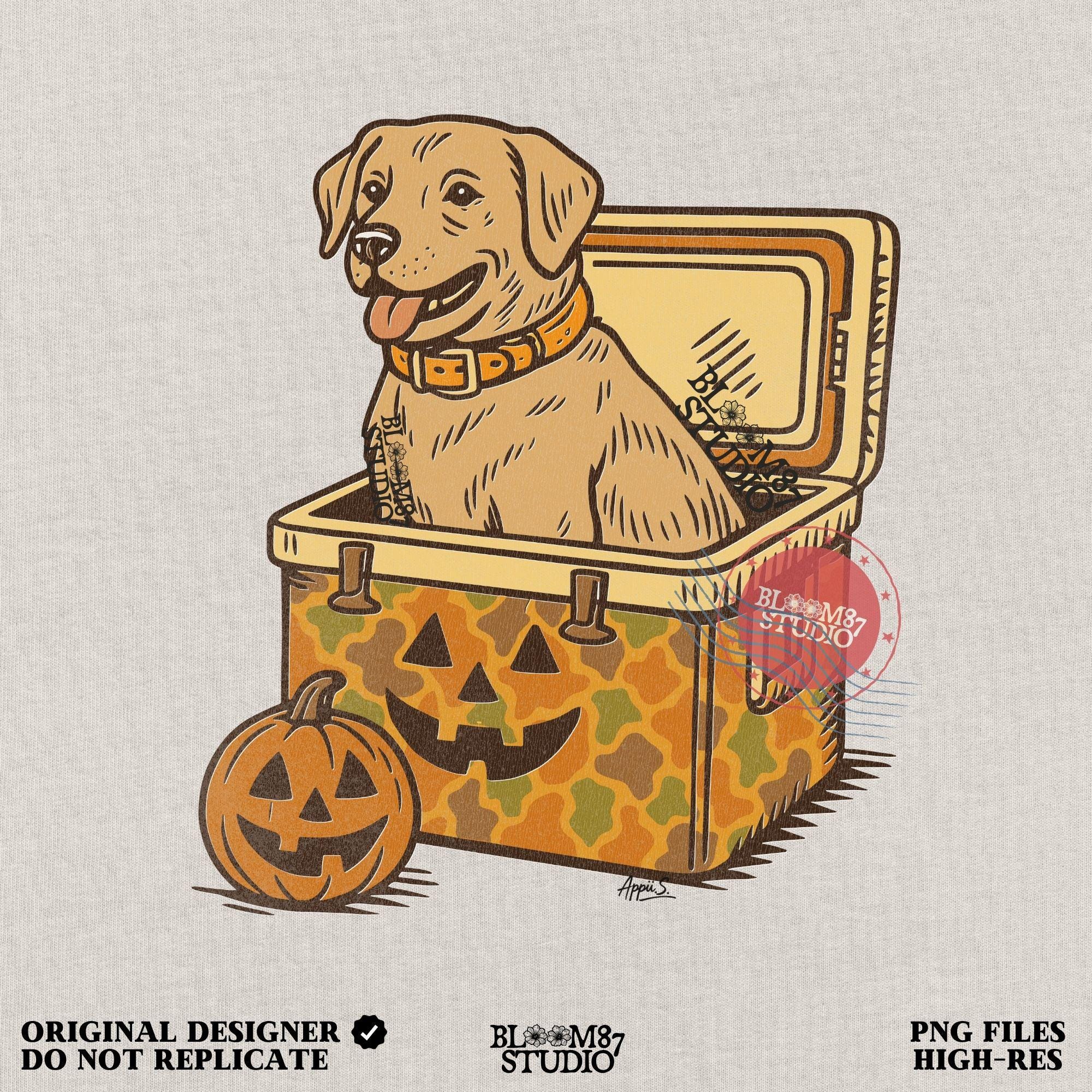 Halloween-themed yellow Labrador retriever sitting inside a pumpkin camo cooler with jack-o’-lanterns, sublimation PNG graphic.