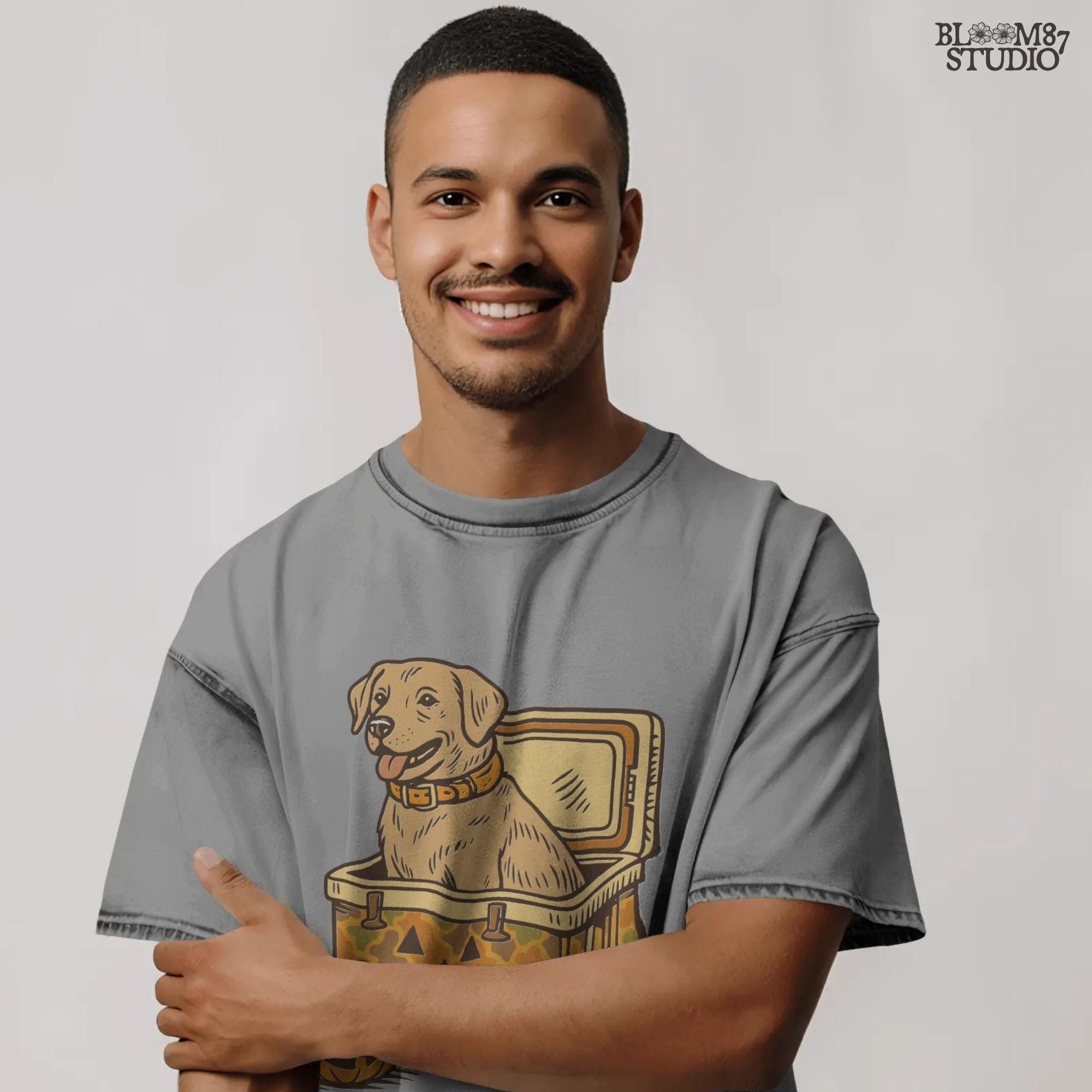 Halloween-themed yellow Labrador retriever sitting inside a pumpkin camo cooler with jack-o’-lanterns, sublimation PNG graphic.