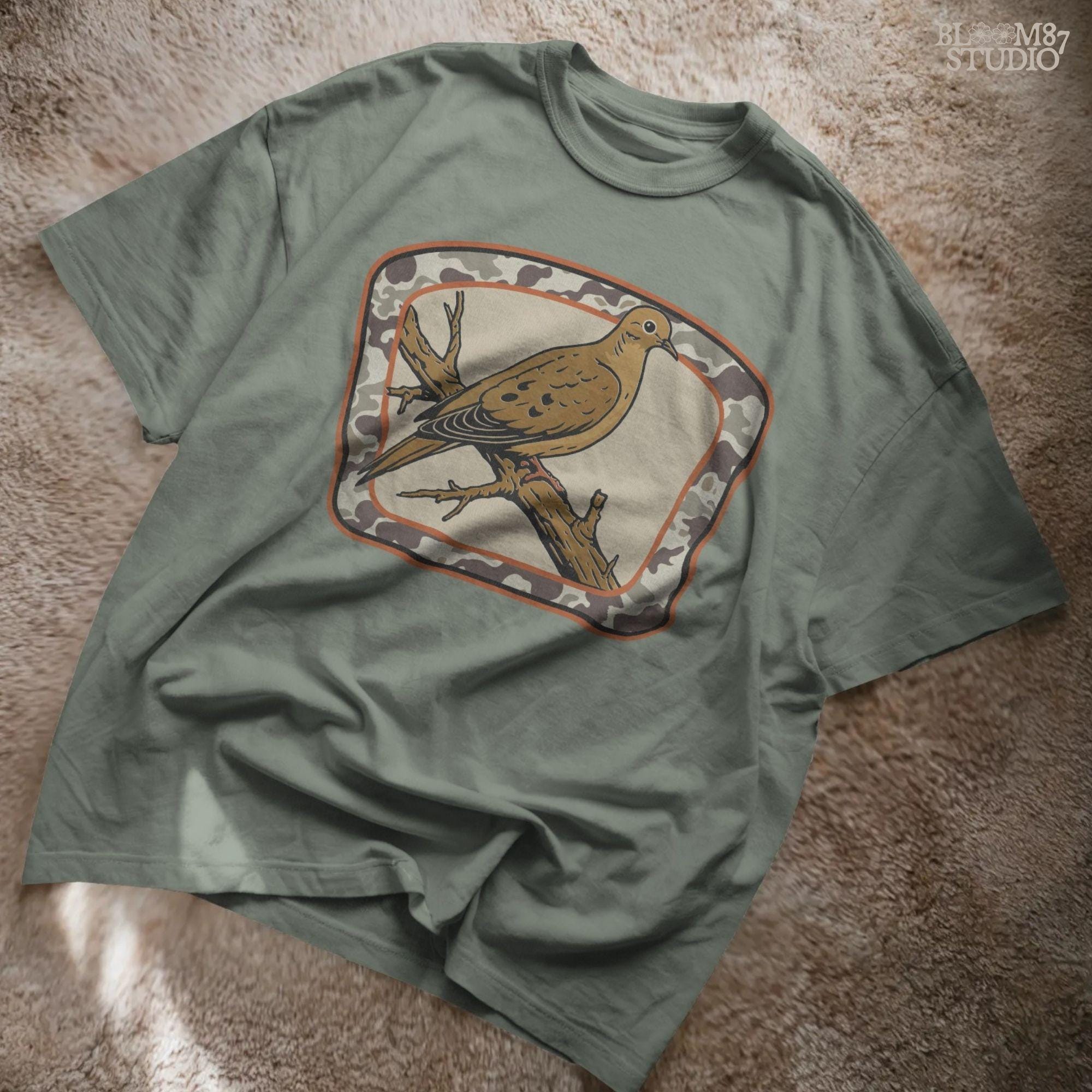 Rustic illustration of a mourning dove perched on a branch with camo border, ideal for hunting season and southern fall sublimation crafts.