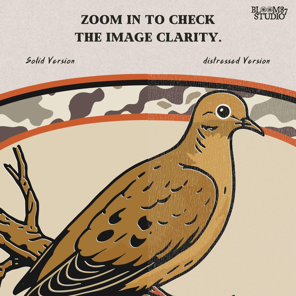 Rustic illustration of a mourning dove perched on a branch with camo border, ideal for hunting season and southern fall sublimation crafts.